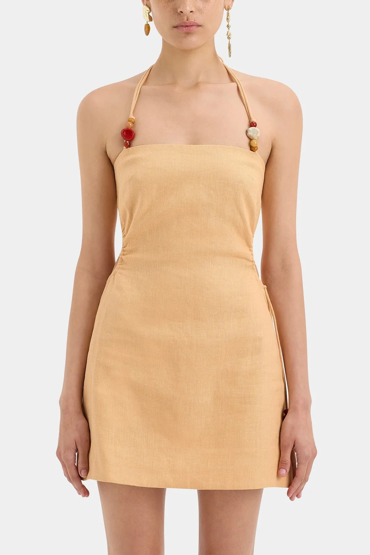 Antonia Beaded Mini Dress in Light Tan - Image 2