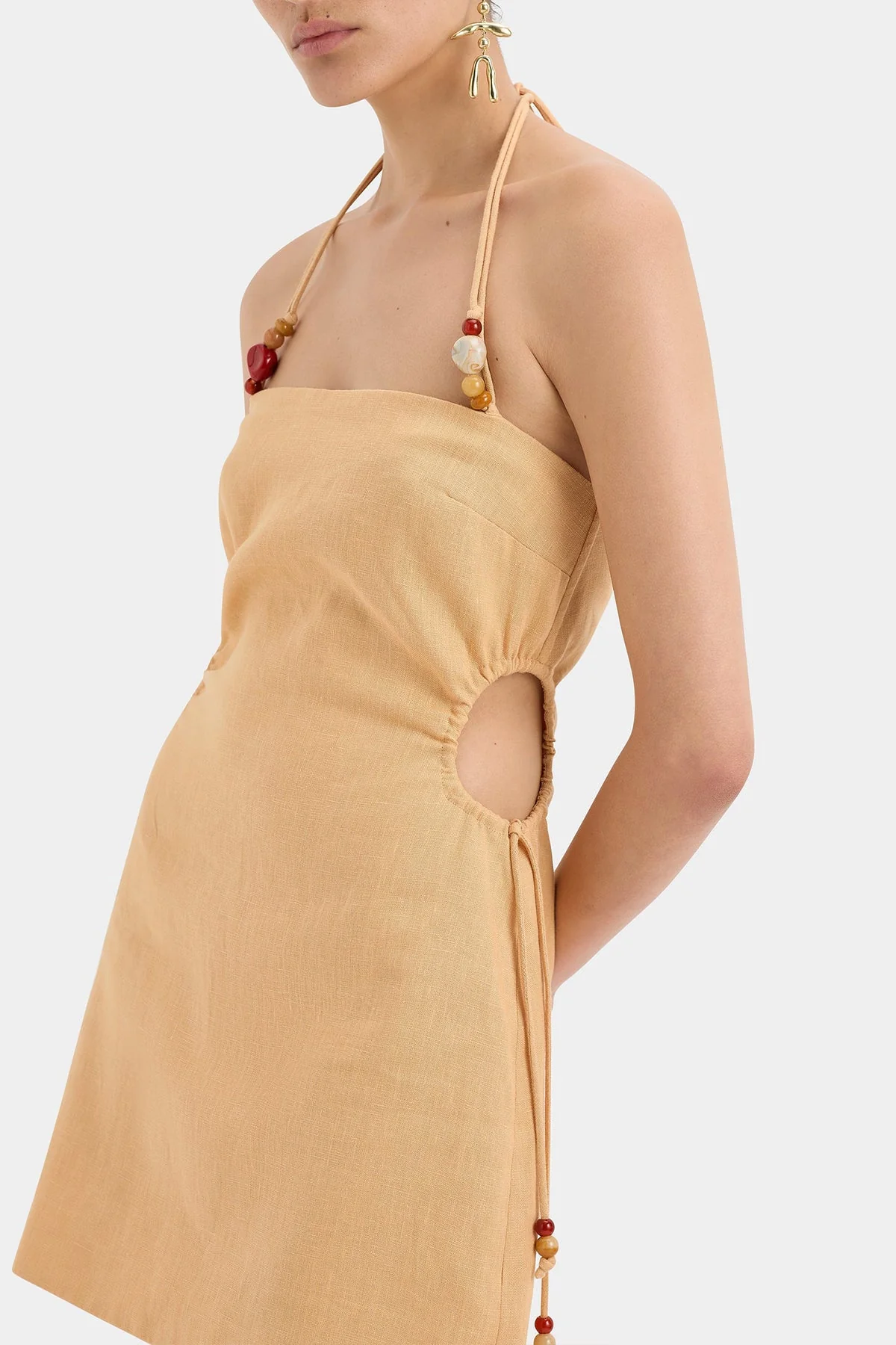 Antonia Beaded Mini Dress in Light Tan - Image 3