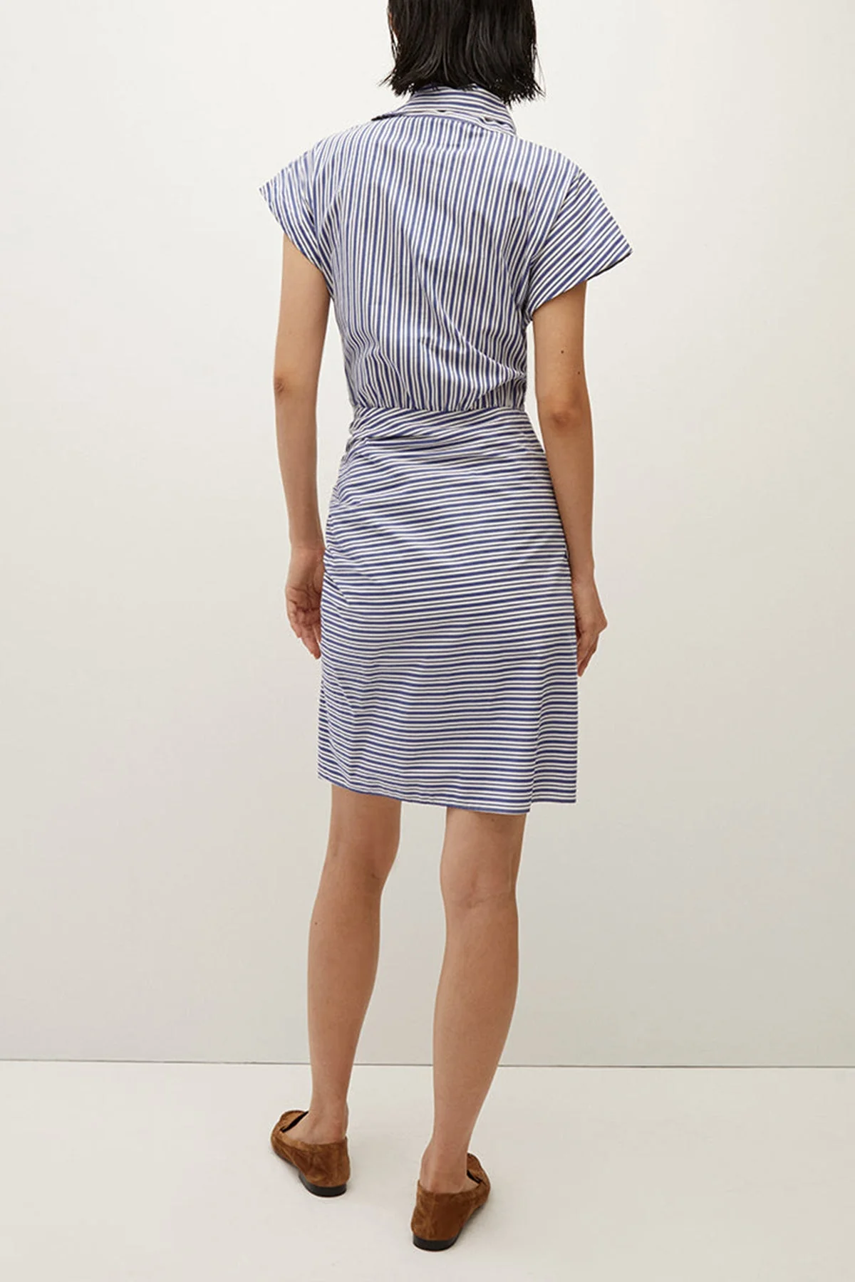 Arabel Striped Poplin Asymmetric Dress in Classic Blue Off White - Image 3