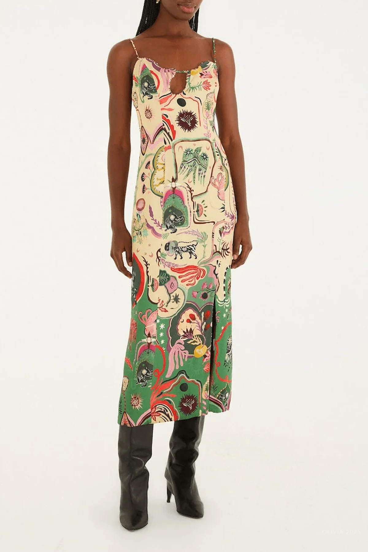 Artsy Surreal Land Beige Sleeveless Midi Dress