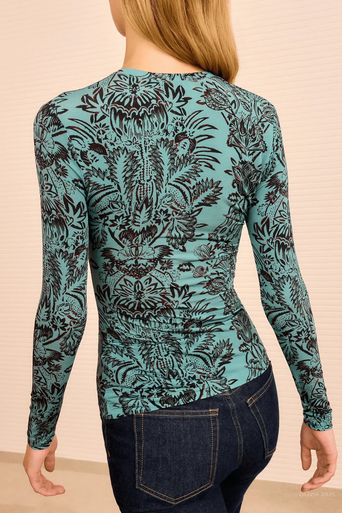 Asha Ruched Long-Sleeve Top in Ocean Flora - Image 3