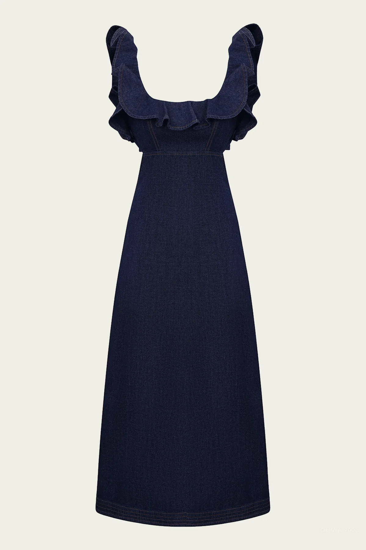Aster Denim Frill Midi Dress in Ink