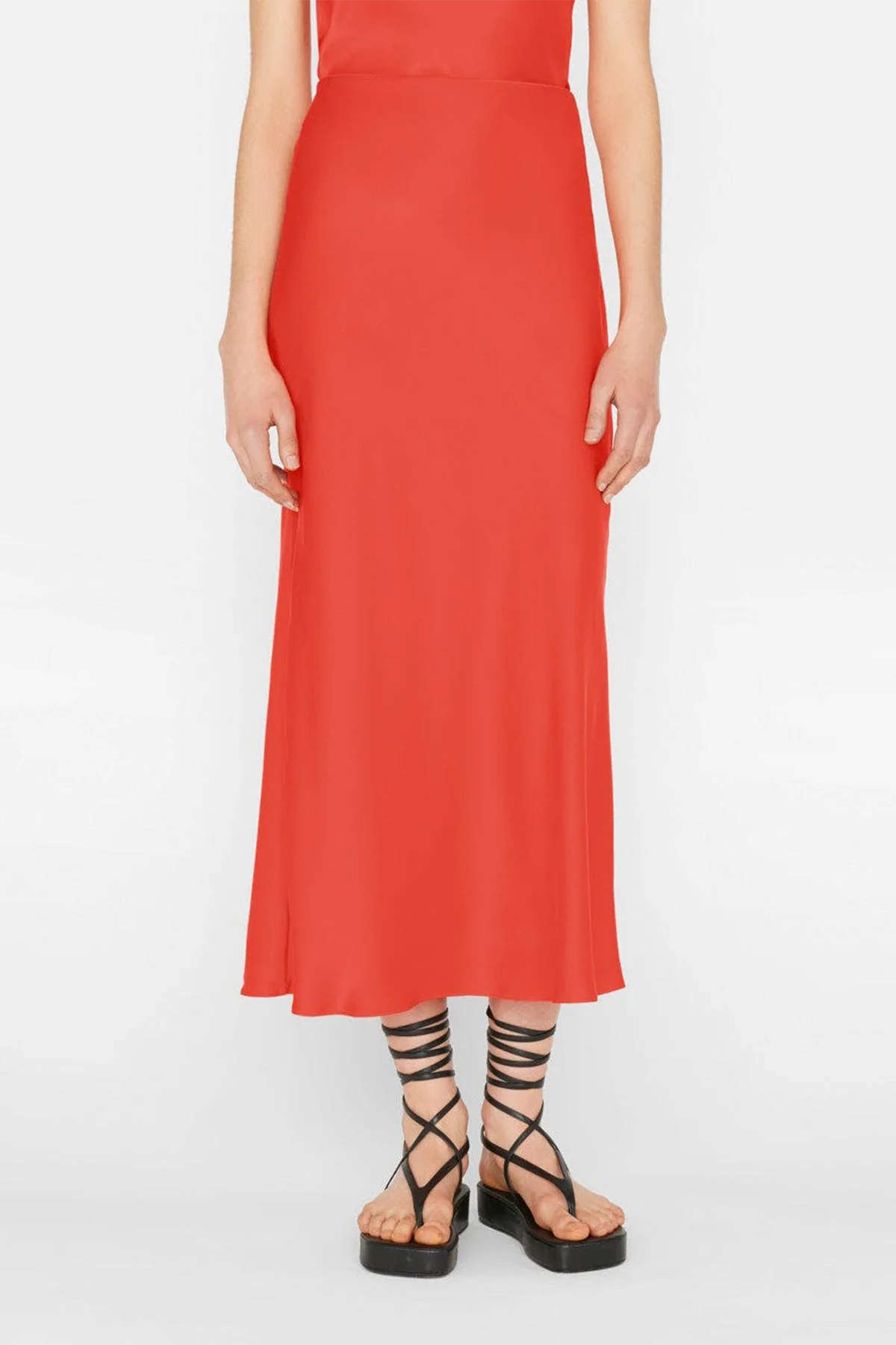 Bias Midi Skirt in Red Orange - Image 2