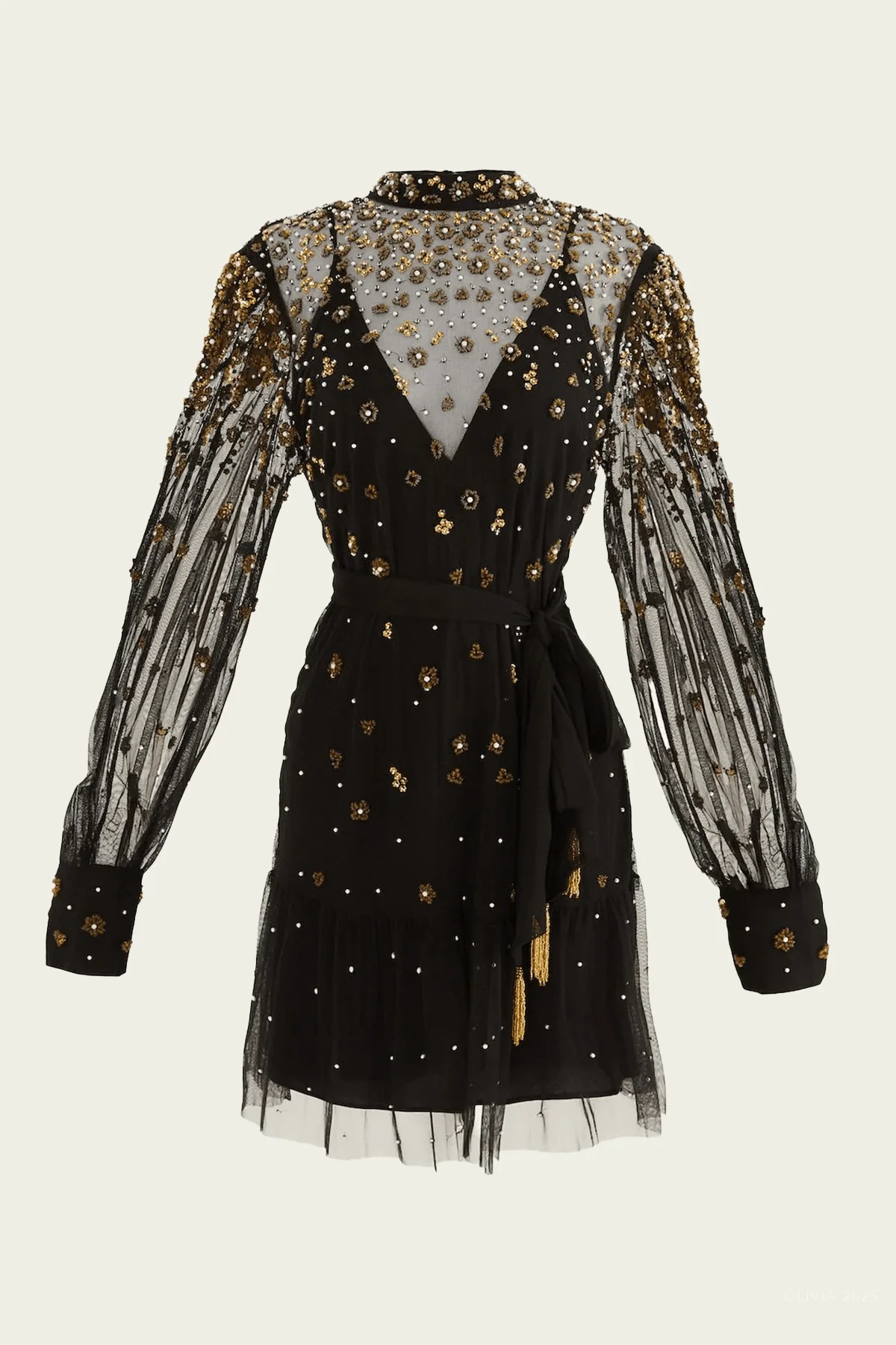 Black Embroidered Tulle Belted Long Sleeve Mini Dress