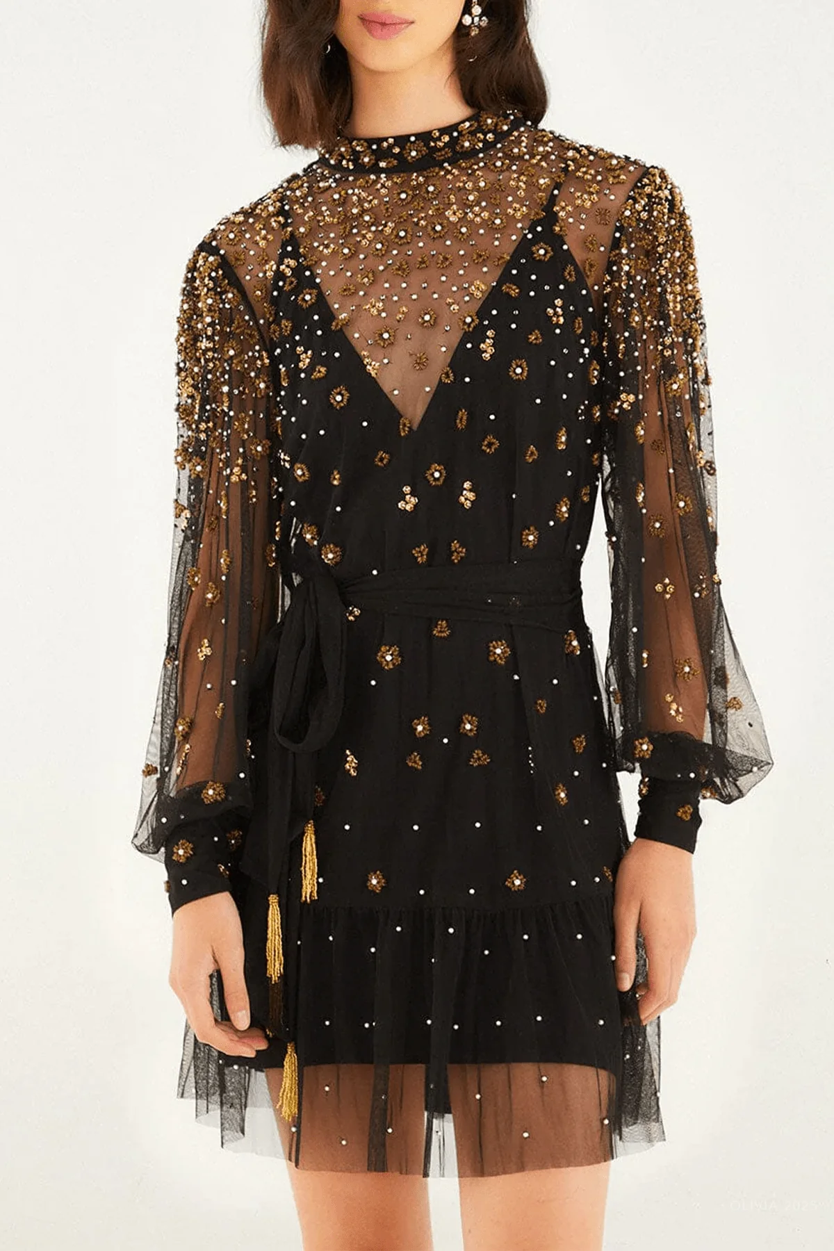 Black Embroidered Tulle Belted Long Sleeve Mini Dress - Image 2