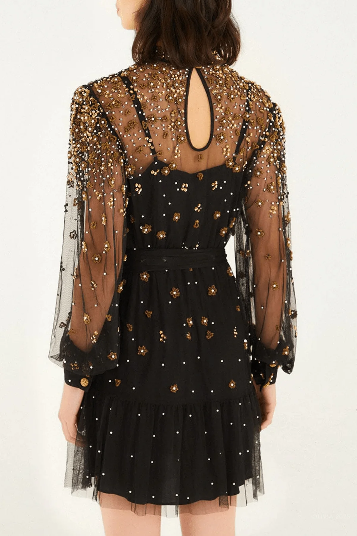 Black Embroidered Tulle Belted Long Sleeve Mini Dress - Image 3