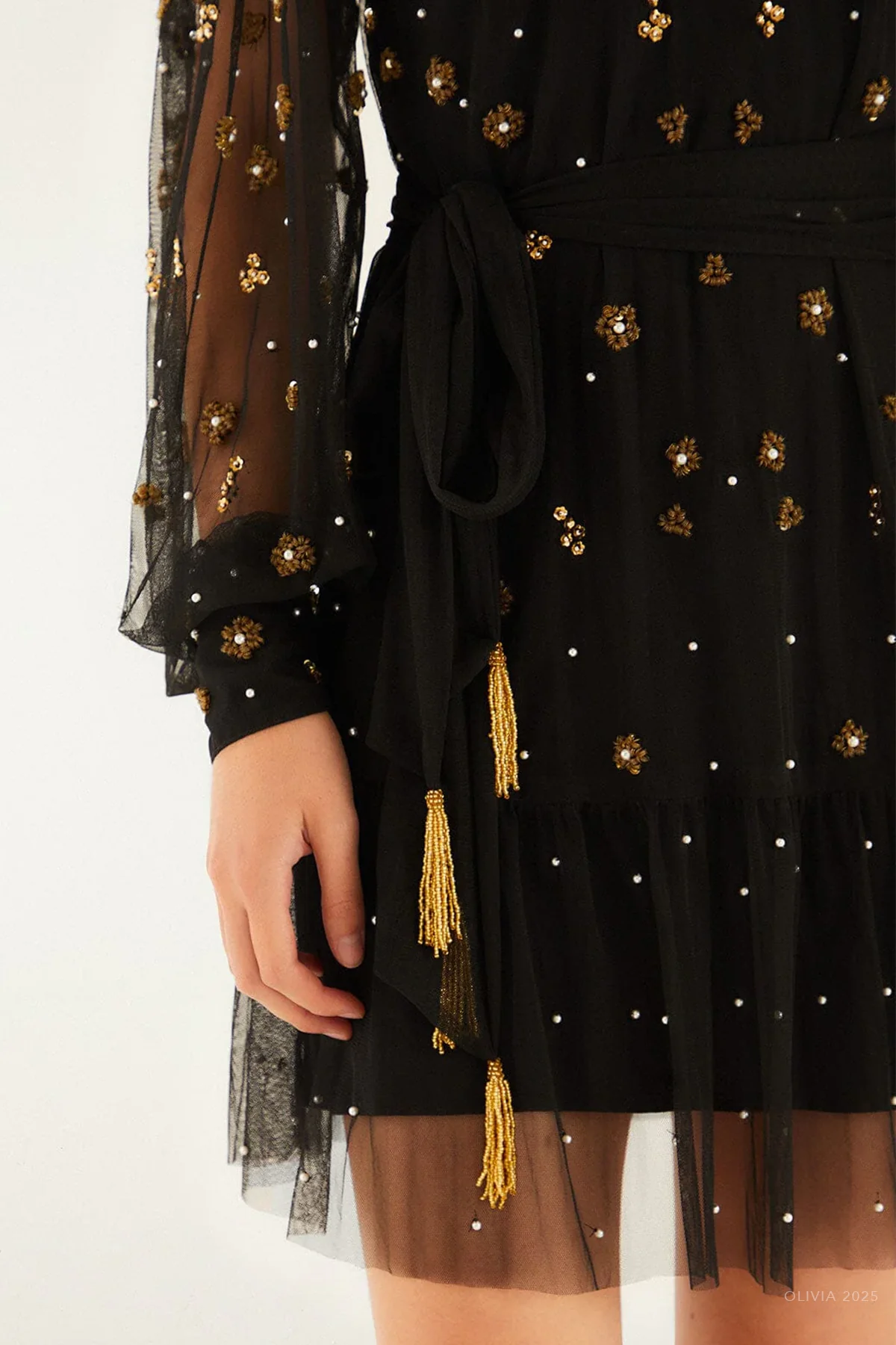 Black Embroidered Tulle Belted Long Sleeve Mini Dress - Image 4