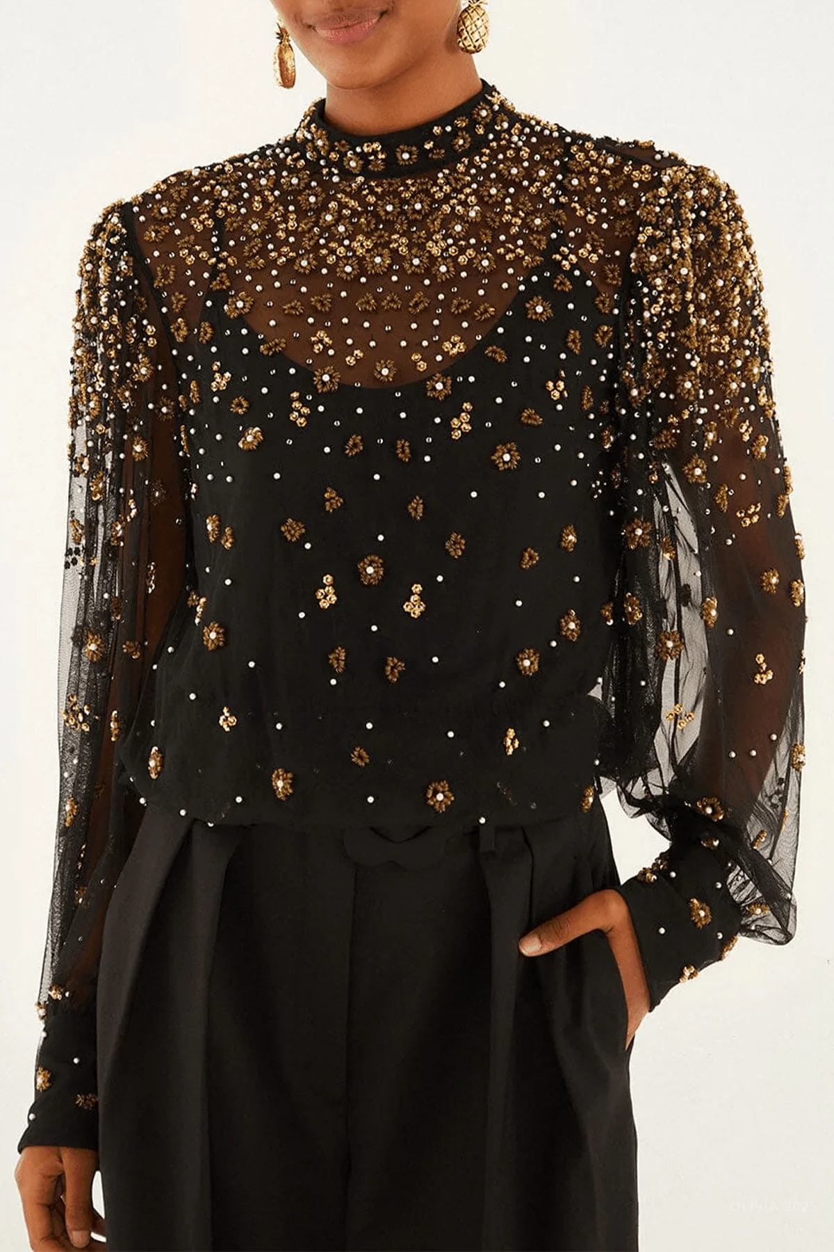 Black Embroidered Tulle Lined Blouse - Image 2