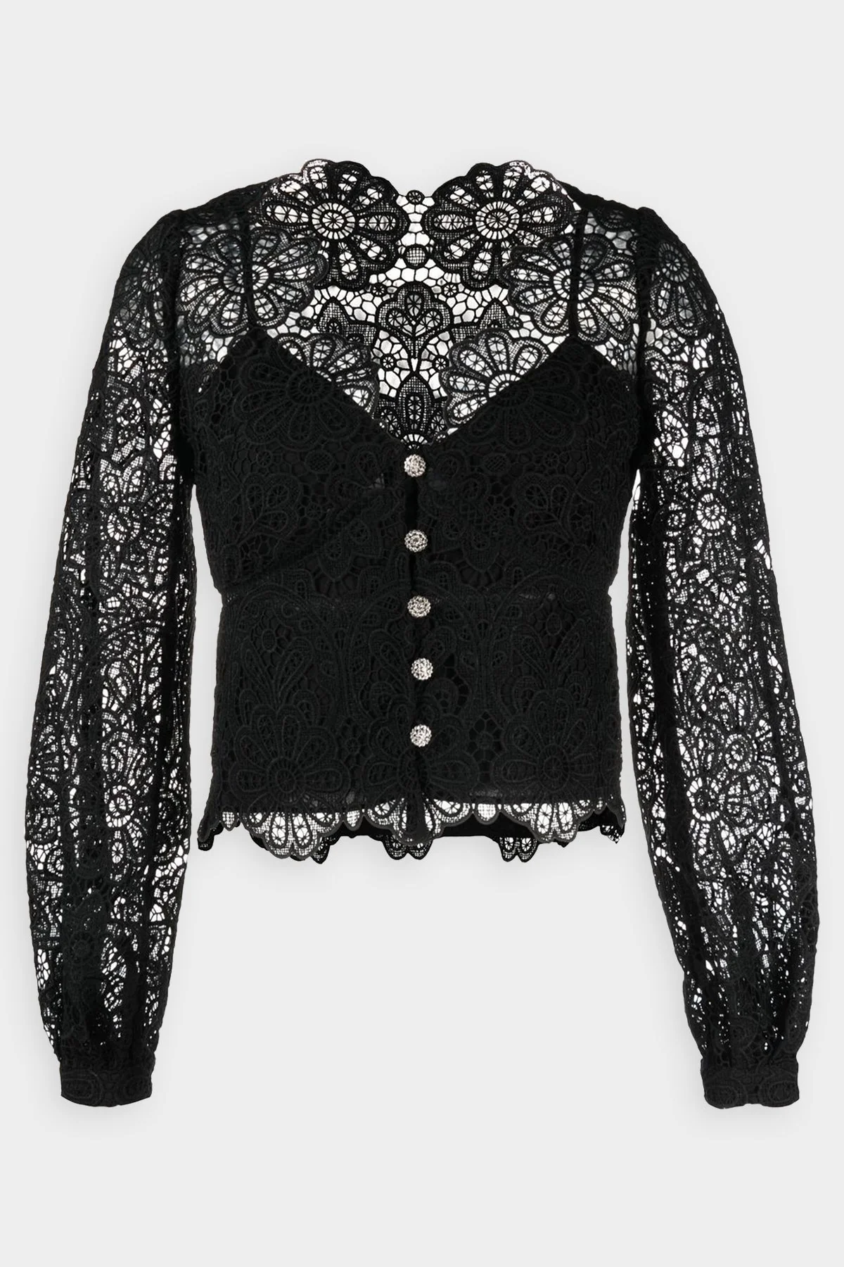 Black Floral Guipure Puff Sleeve Blouse
