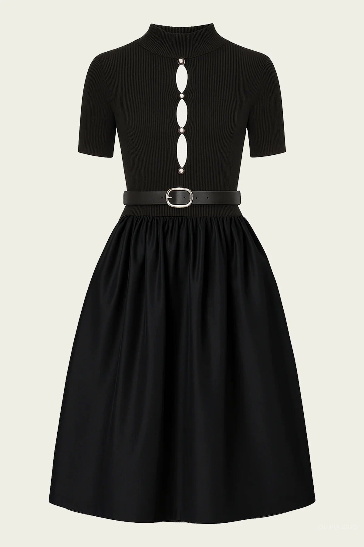 Black Knit Taffeta Midi Dress