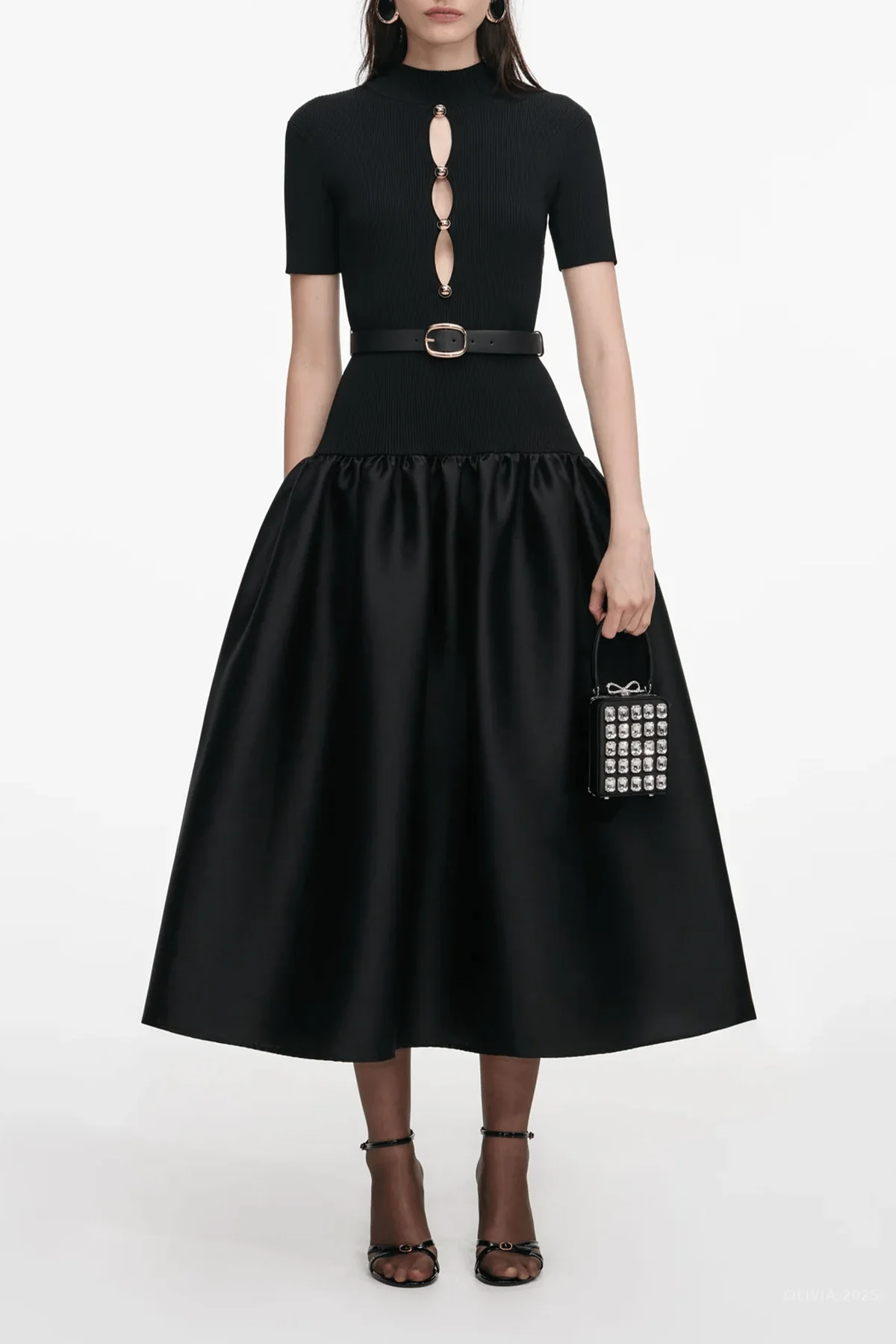Black Knit Taffeta Midi Dress - Image 2