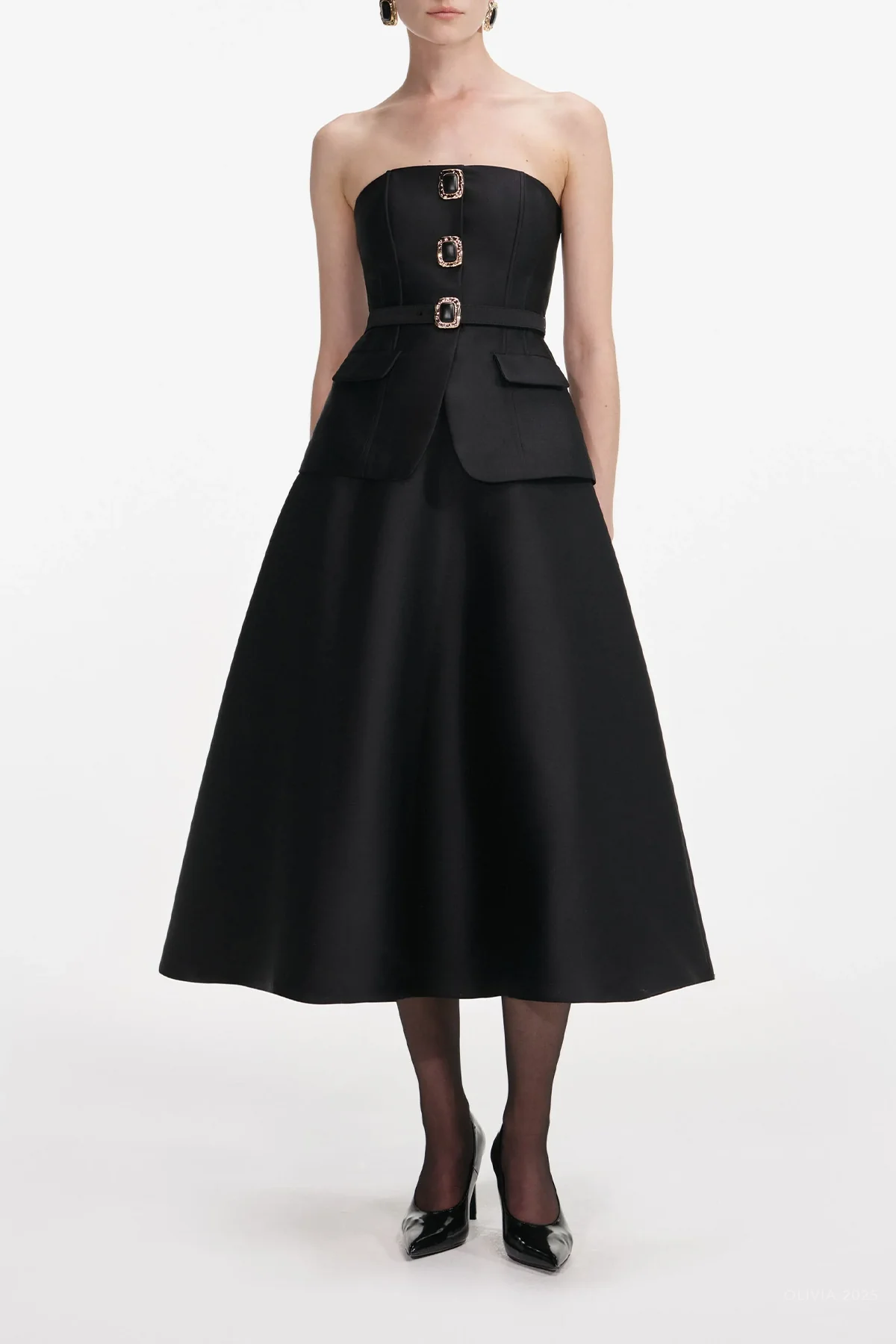 Black Taffeta Bandeau Midi Dress - Image 2