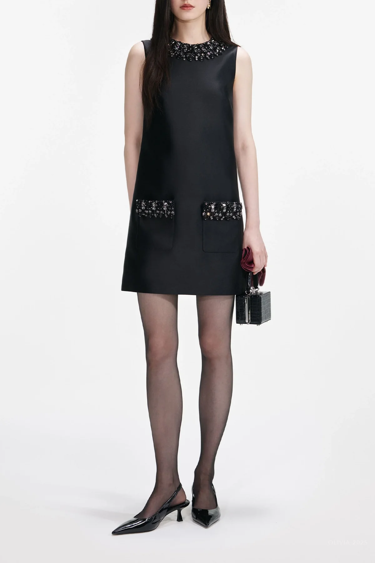 Black Taffeta Embellished Trim Mini Dress - Image 2