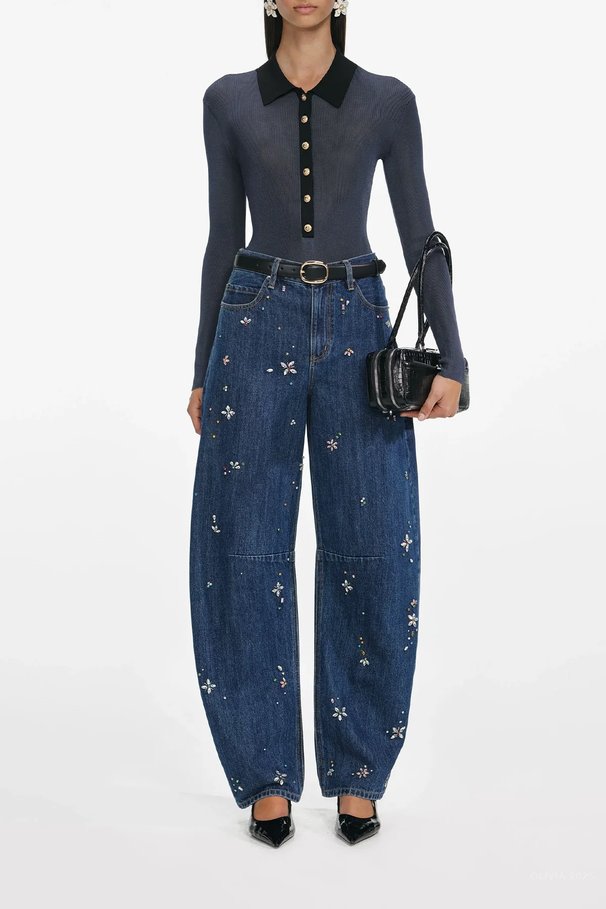 Blue Embellished Barrel Leg Jeans - Image 2