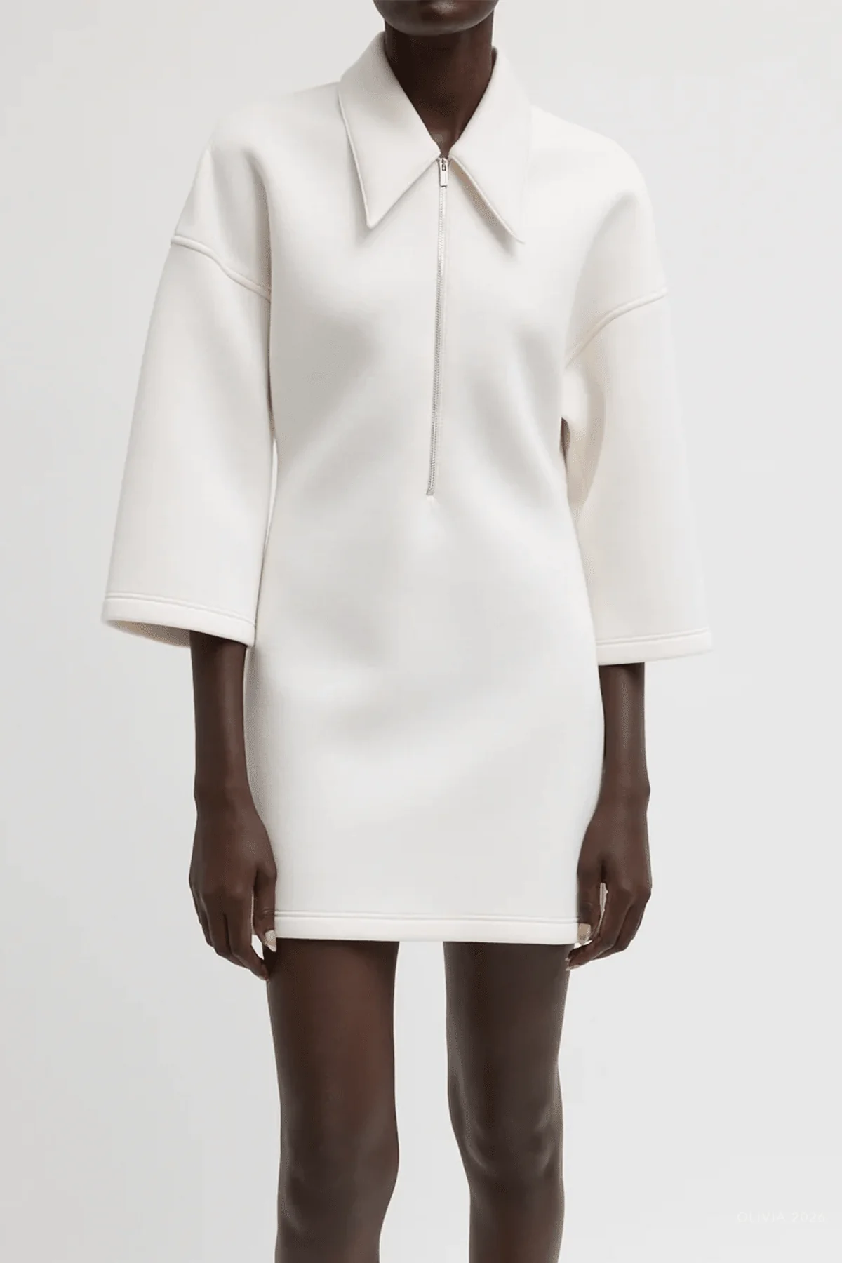 Bonded Viscose Zip Front Short Sleeve Slim Tunic in Ivory - Image 2
