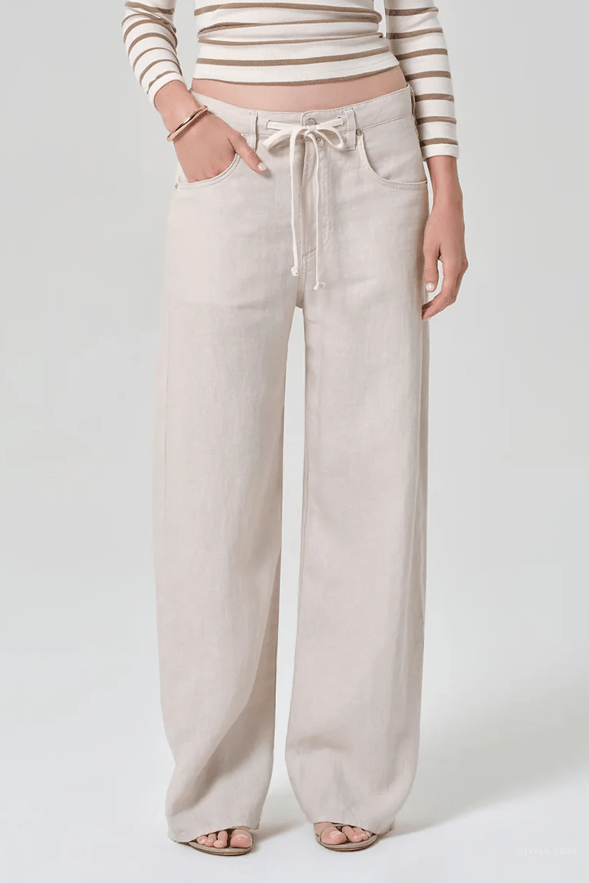 Brynn Drawstring Linen Trouser in Pale Stone - Image 2