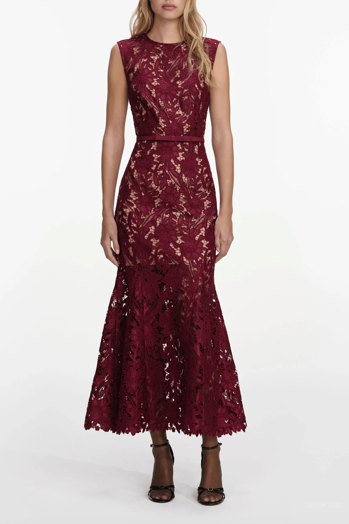 Burgundy Guipure Lace Midi Dress - Image 2