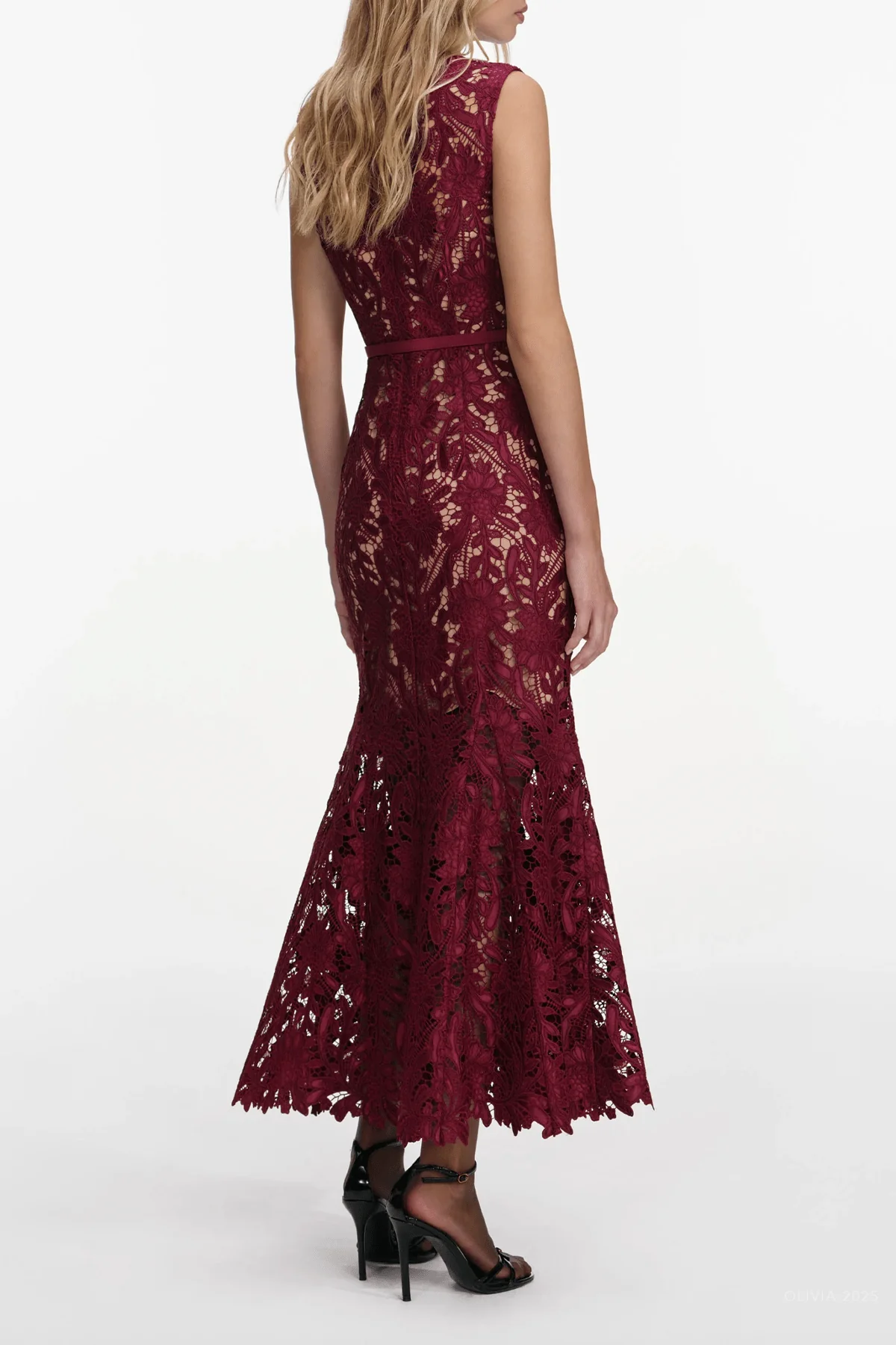 Burgundy Guipure Lace Midi Dress - Image 3