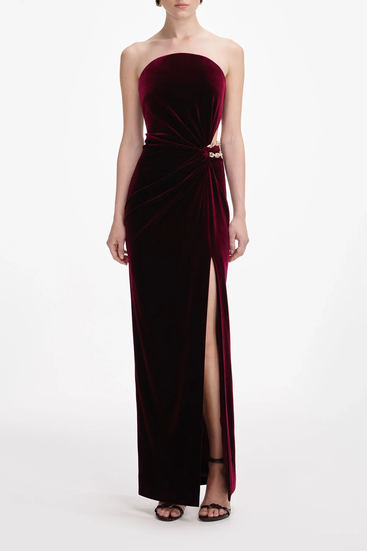 Burgundy Velvet Bandeau Maxi Dress - Image 2