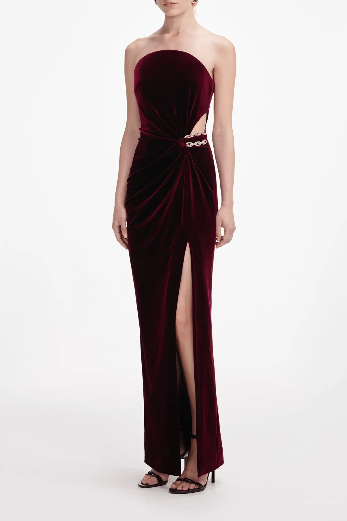 Burgundy Velvet Bandeau Maxi Dress - Image 4