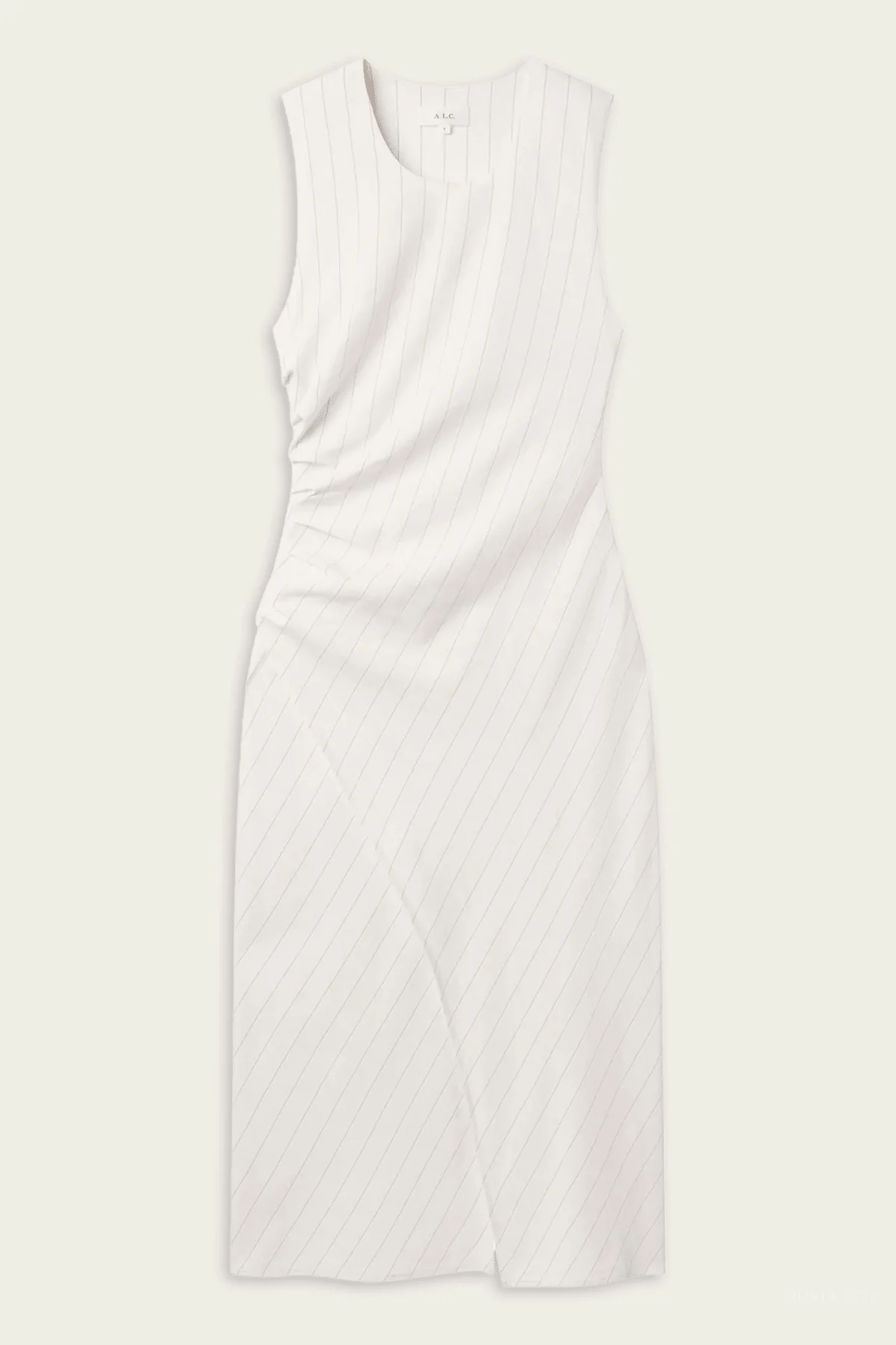 Caroline Linen Pinstripe Midi Dress in Pearl Brown