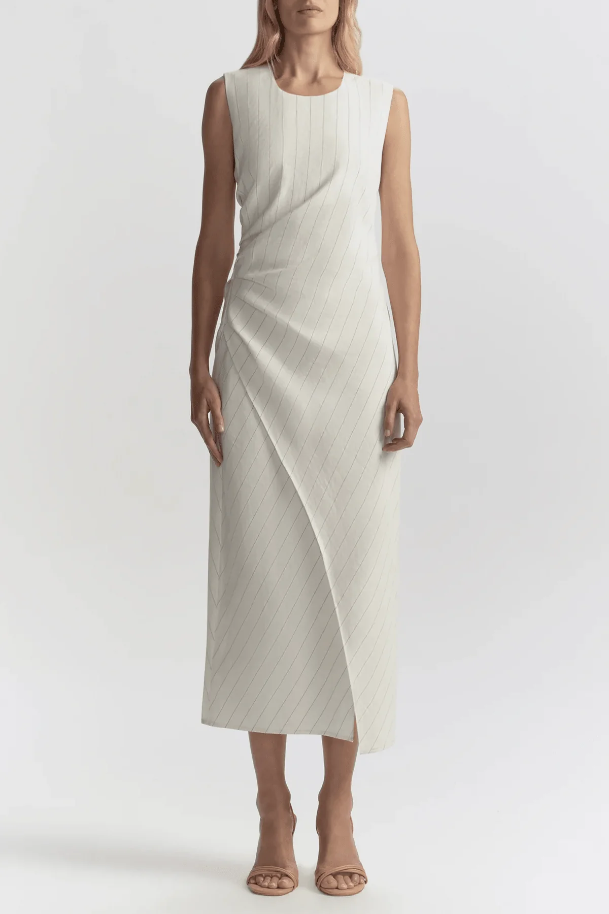Caroline Linen Pinstripe Midi Dress in Pearl Brown - Image 2