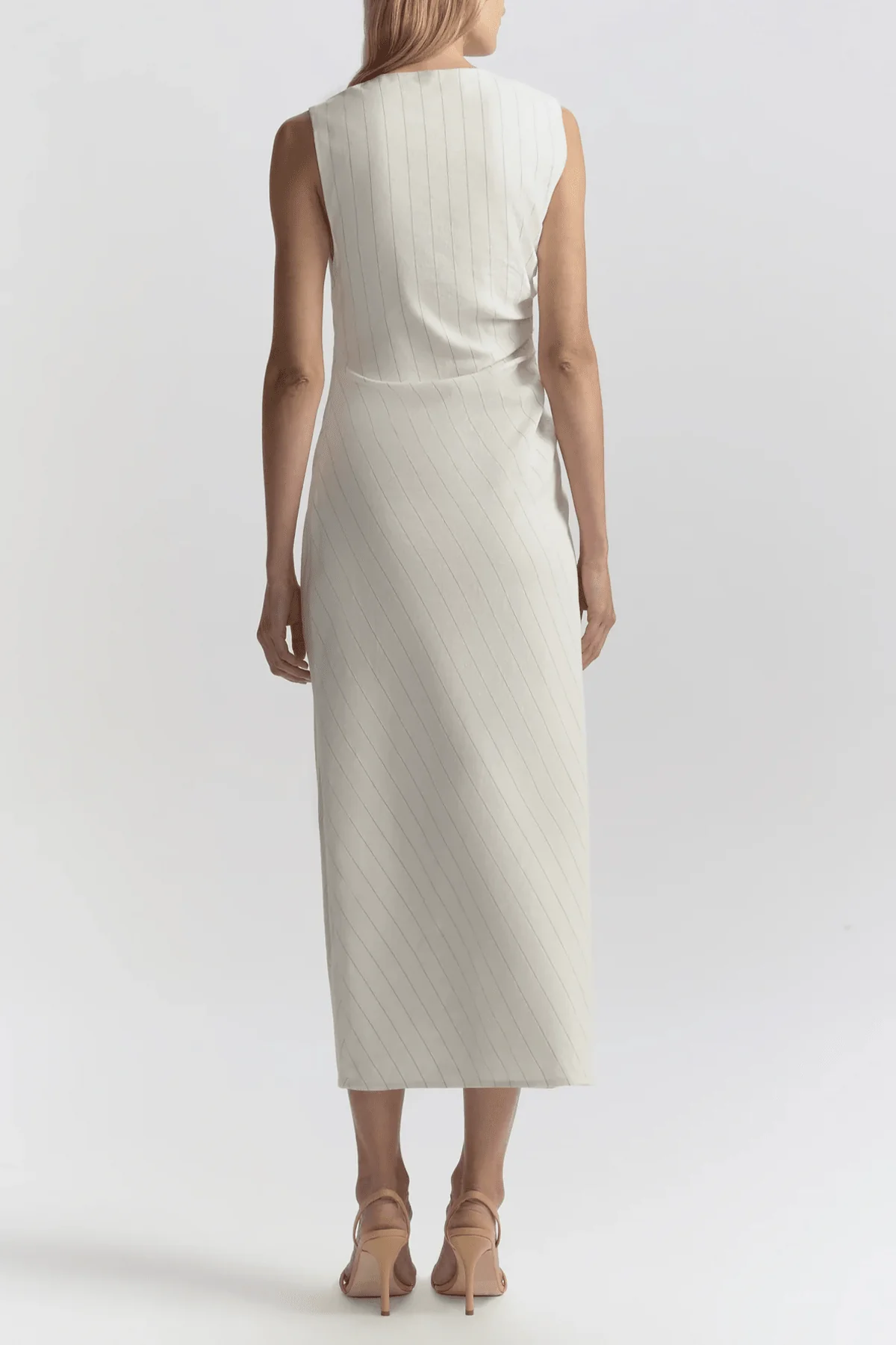 Caroline Linen Pinstripe Midi Dress in Pearl Brown - Image 3