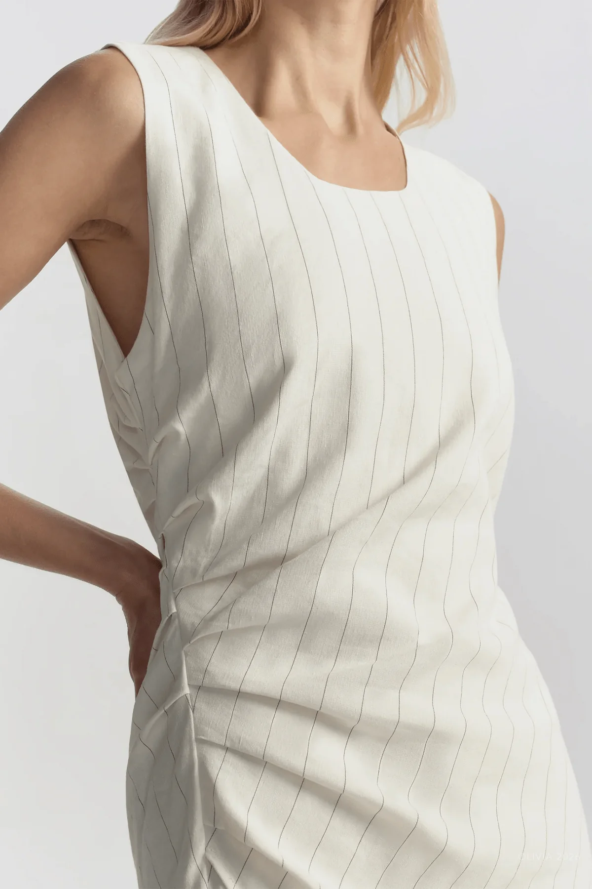 Caroline Linen Pinstripe Midi Dress in Pearl Brown - Image 4