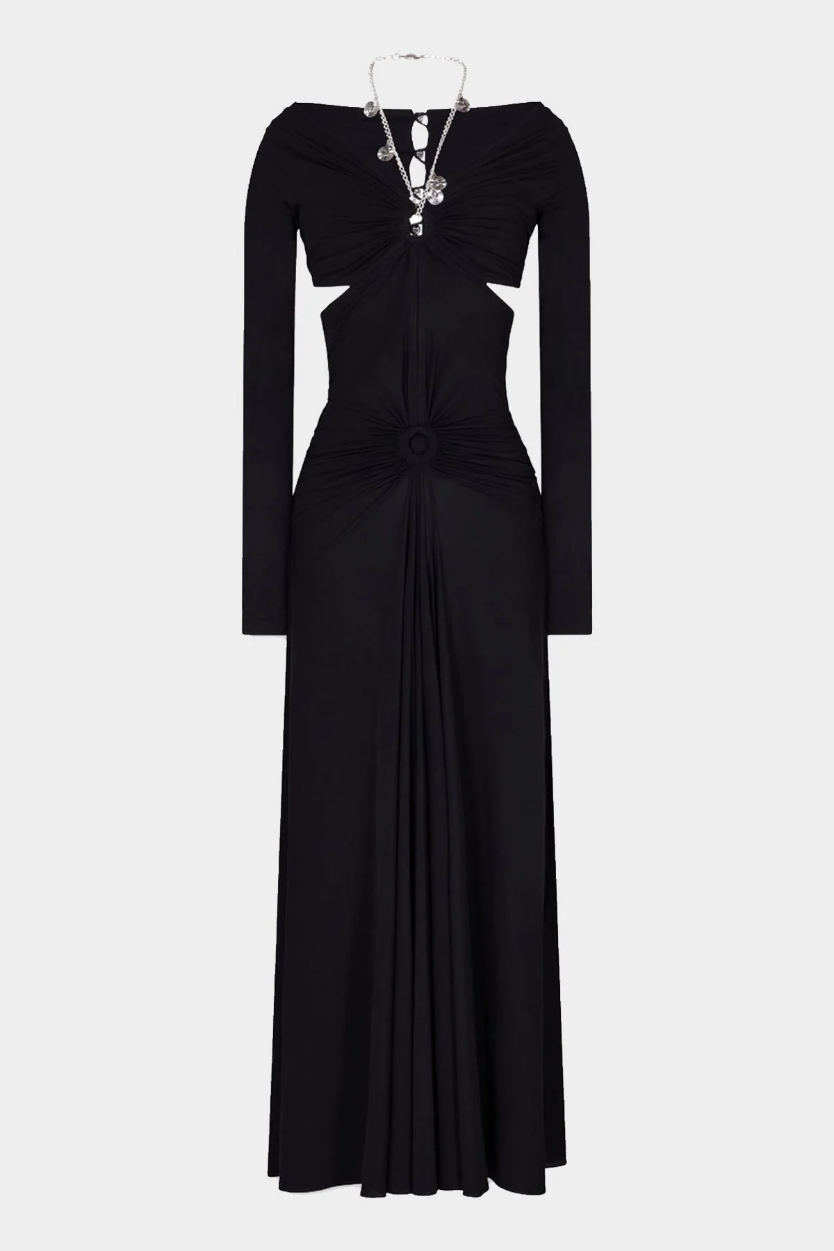 Chain-Detail Draped Long Dress in Black