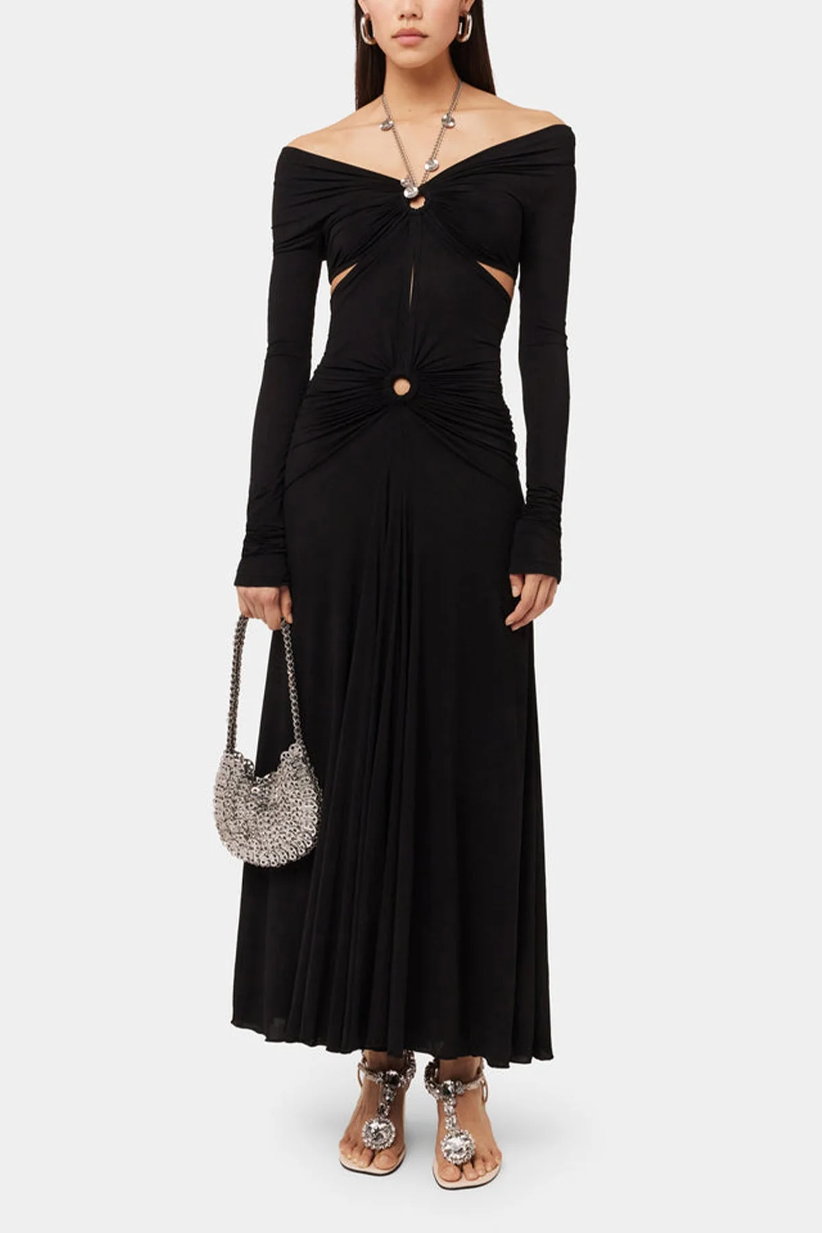 Chain-Detail Draped Long Dress in Black - Image 2