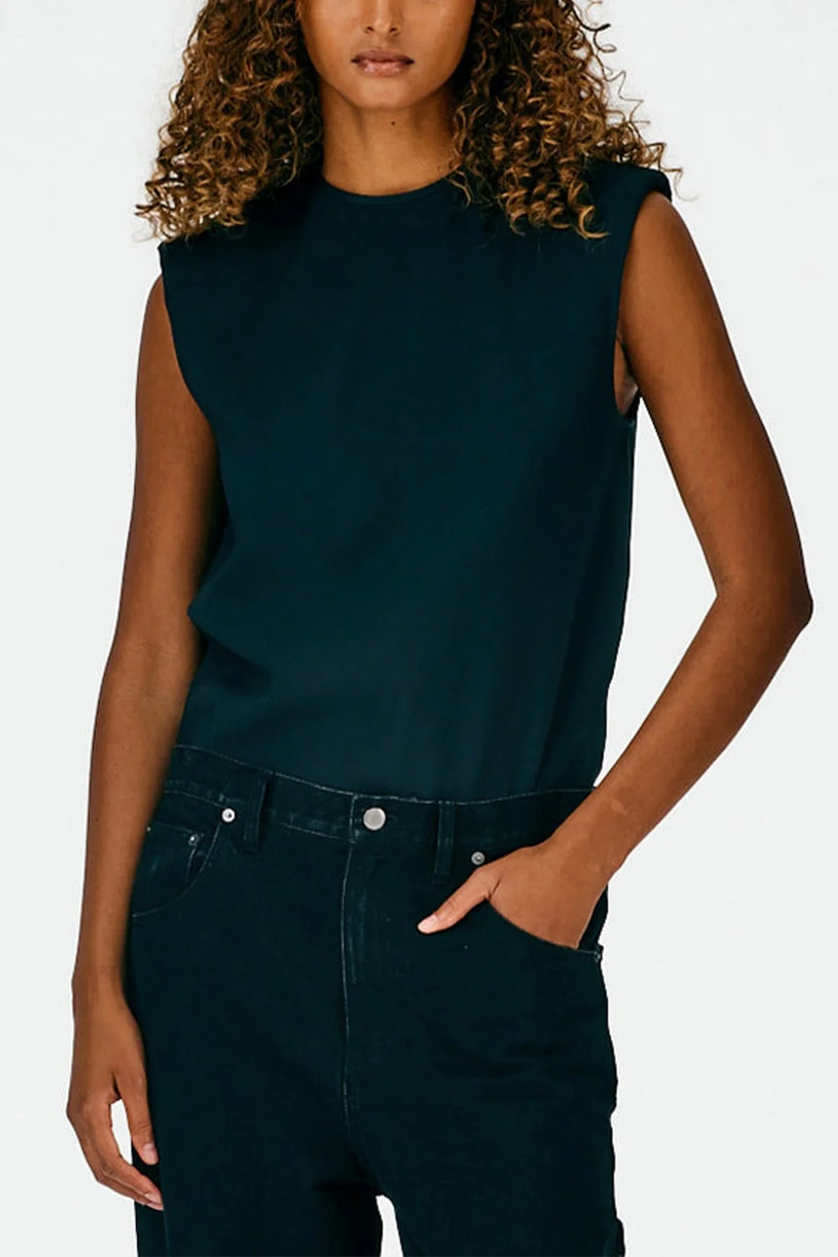 Chalky Drape Padded Shoulder Sleeveless Top in Black - Image 2