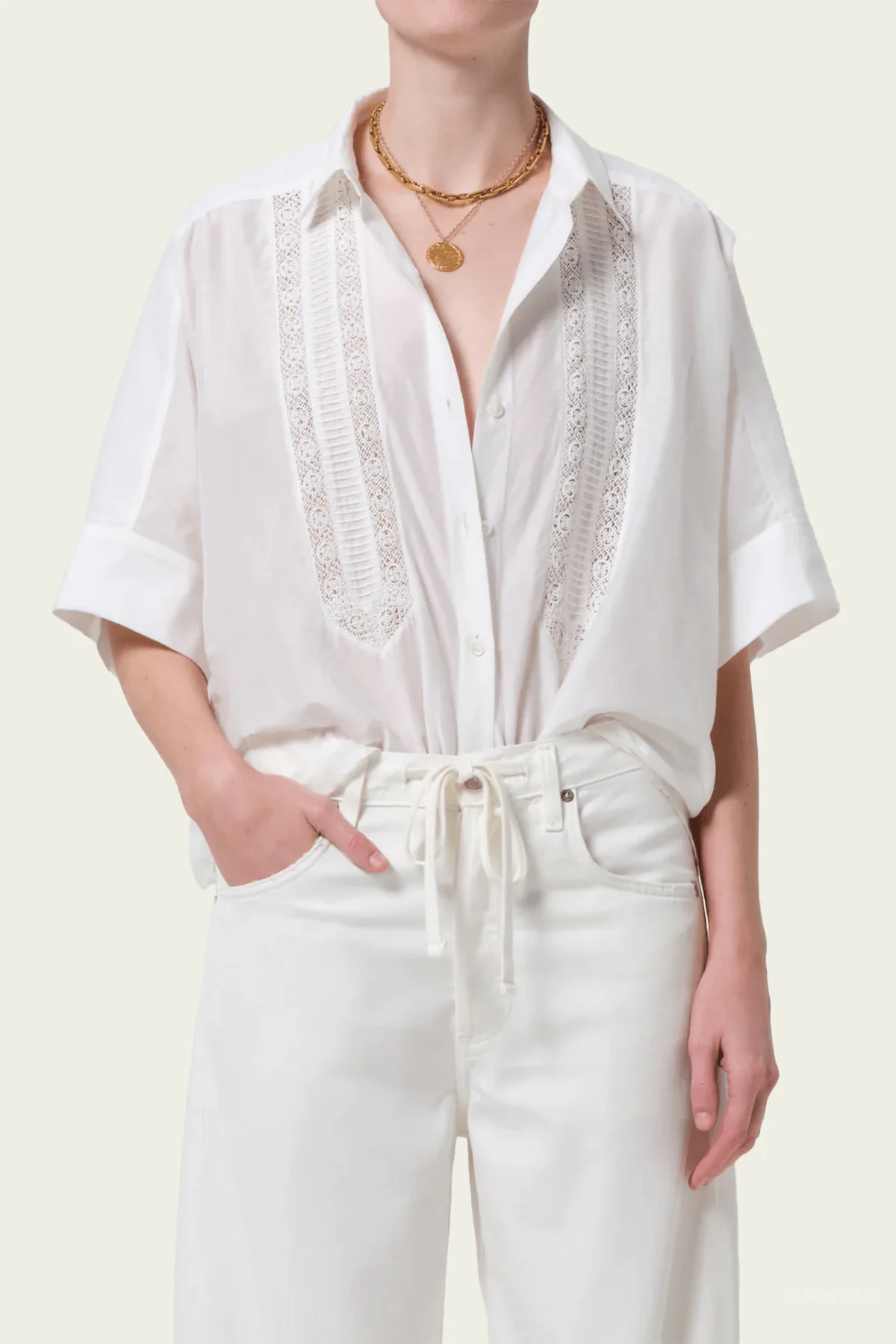 Claire Shirt with Lace Inset in White