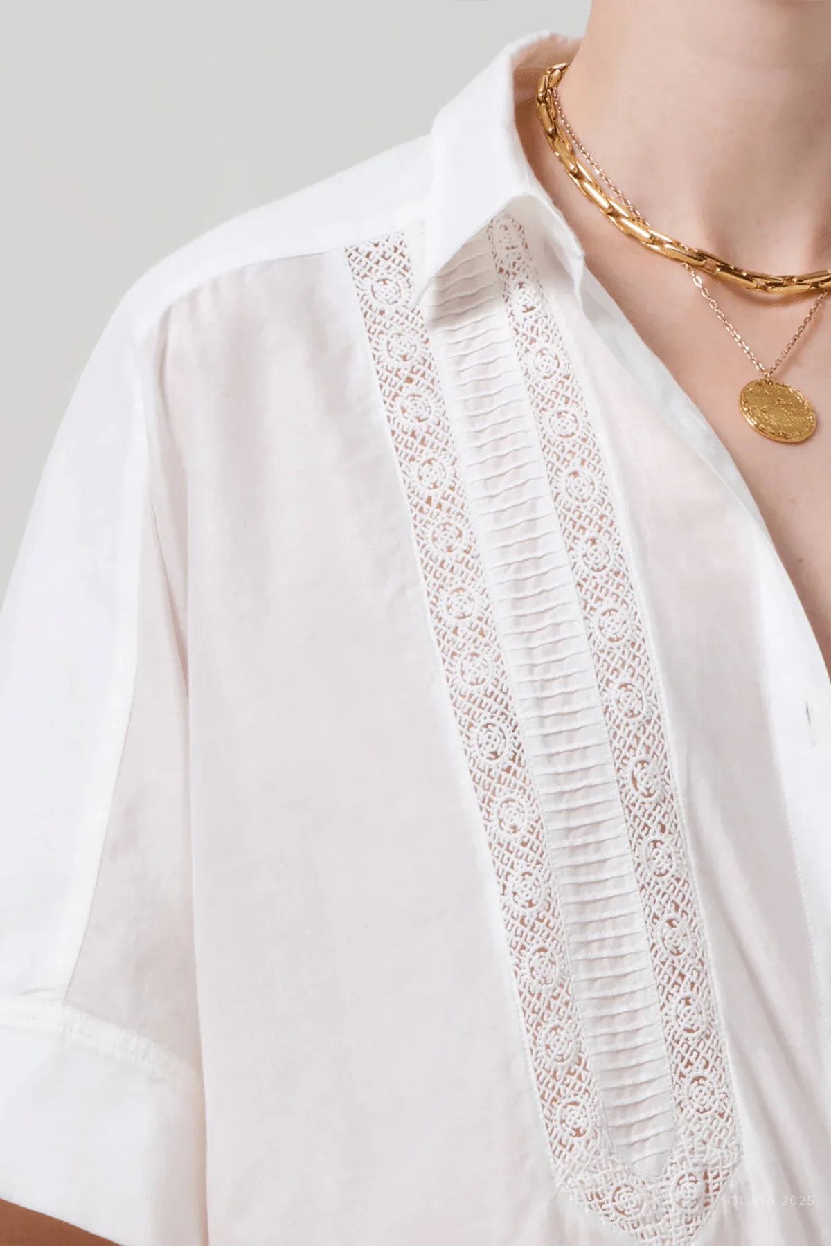 Claire Shirt with Lace Inset in White - Image 3
