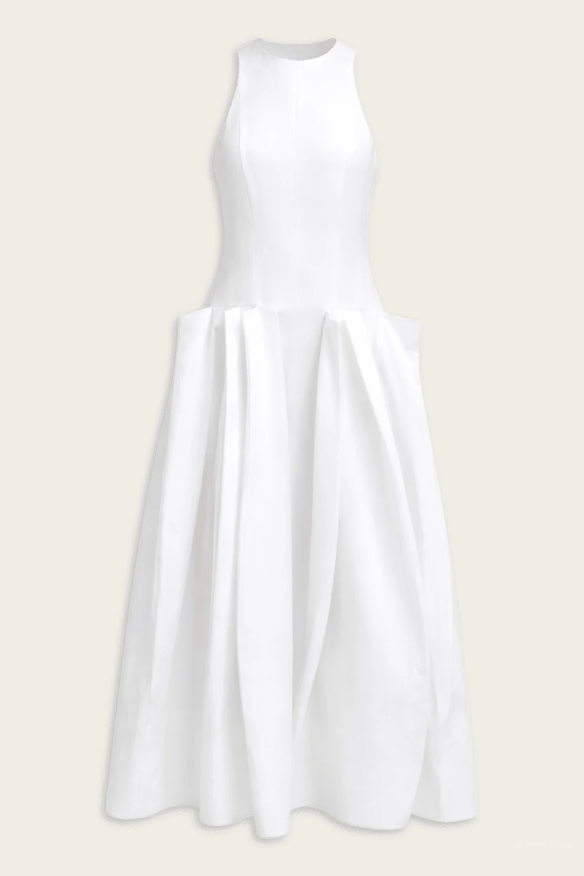 Compact Eco Poplin Pinched Pleat Dress in White