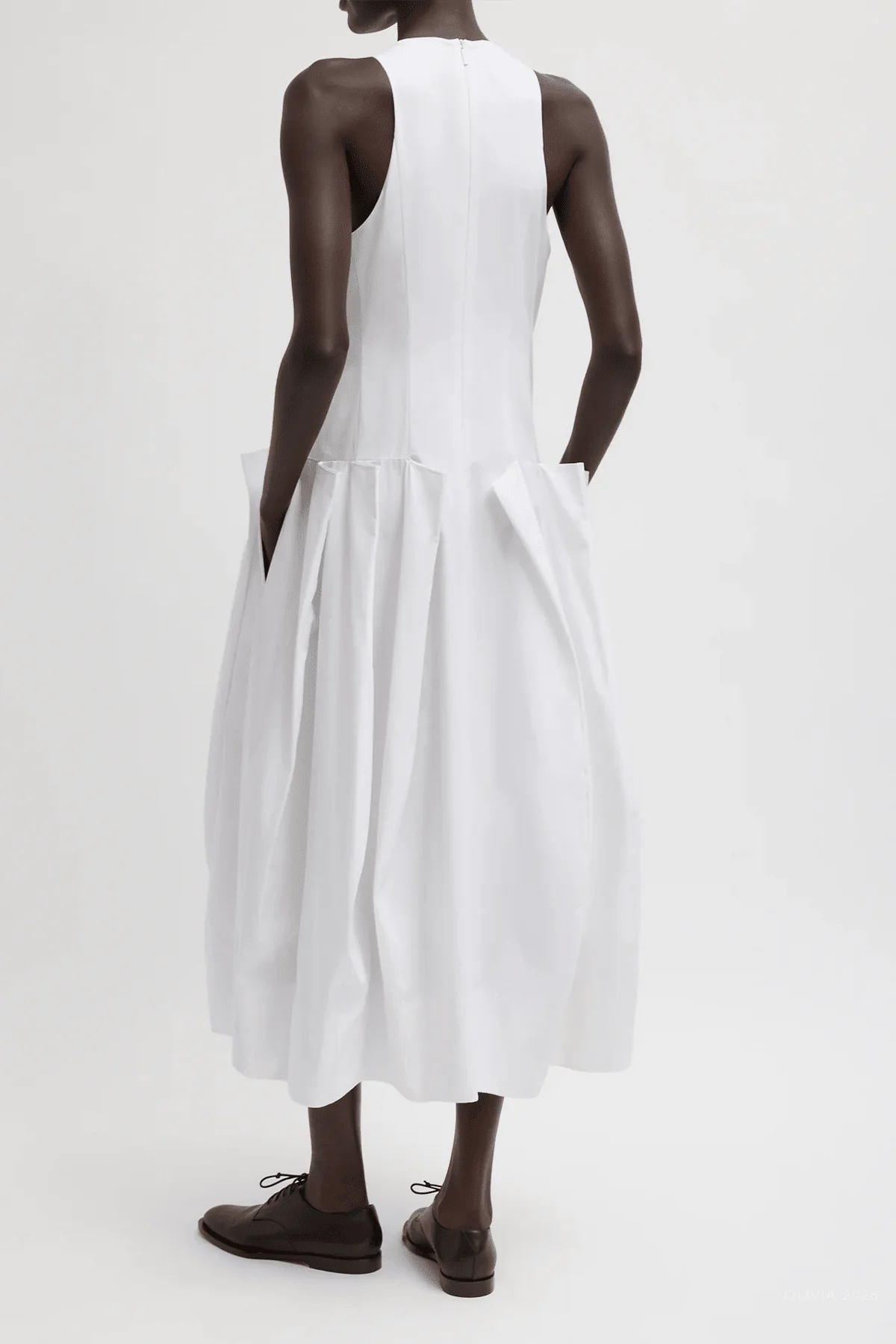 Compact Eco Poplin Pinched Pleat Dress in White - Image 3