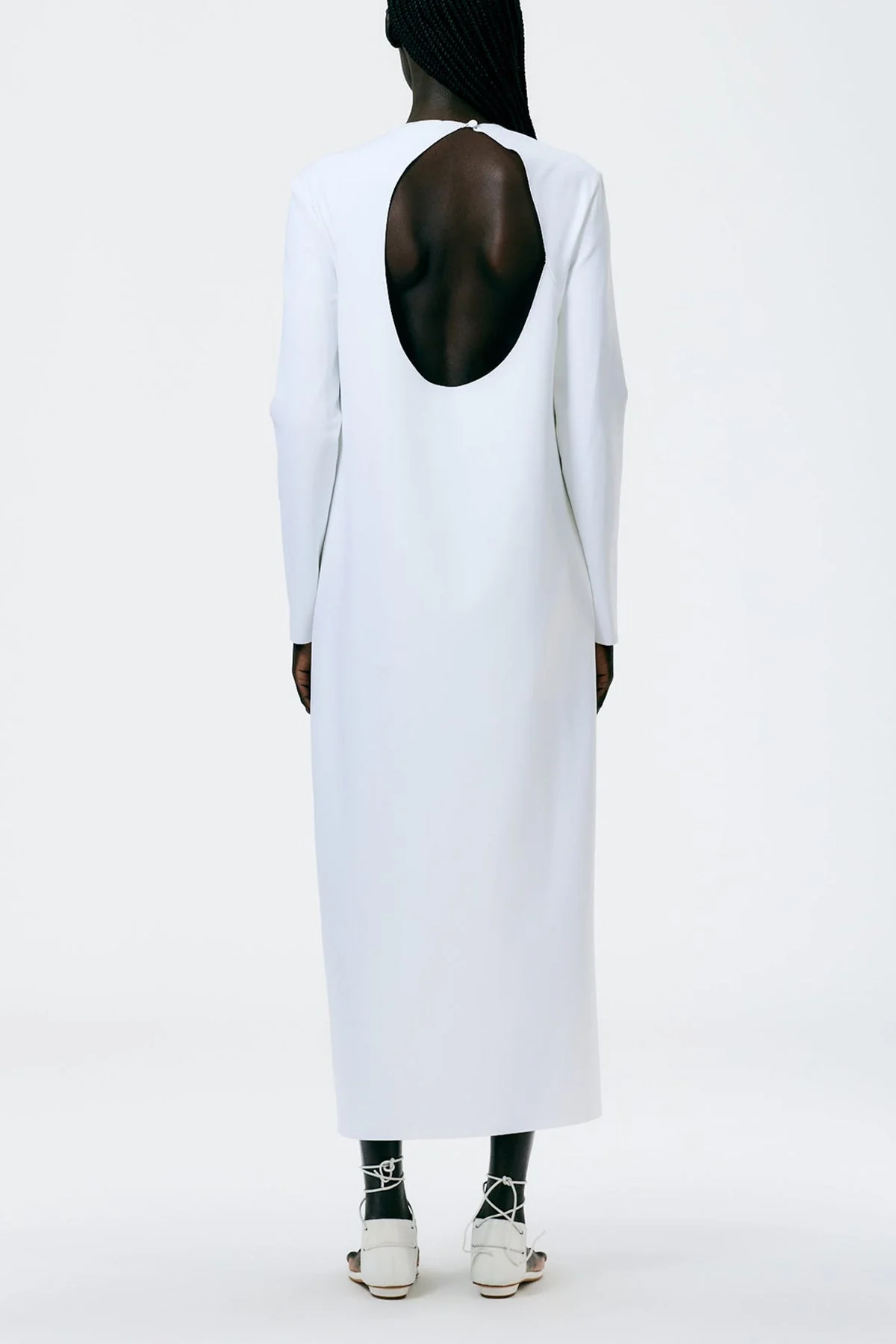Compact Ultra Stretch Knit Long Sleeve Open Back Dress in White - Image 2