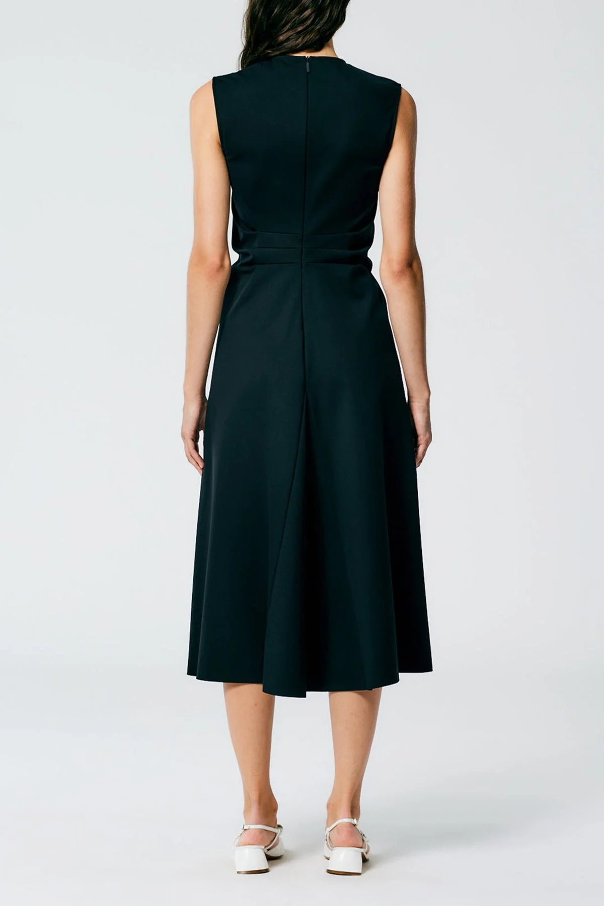 Compact Ultra Stretch Knit V-Neck Godet Dress in Black - Image 2