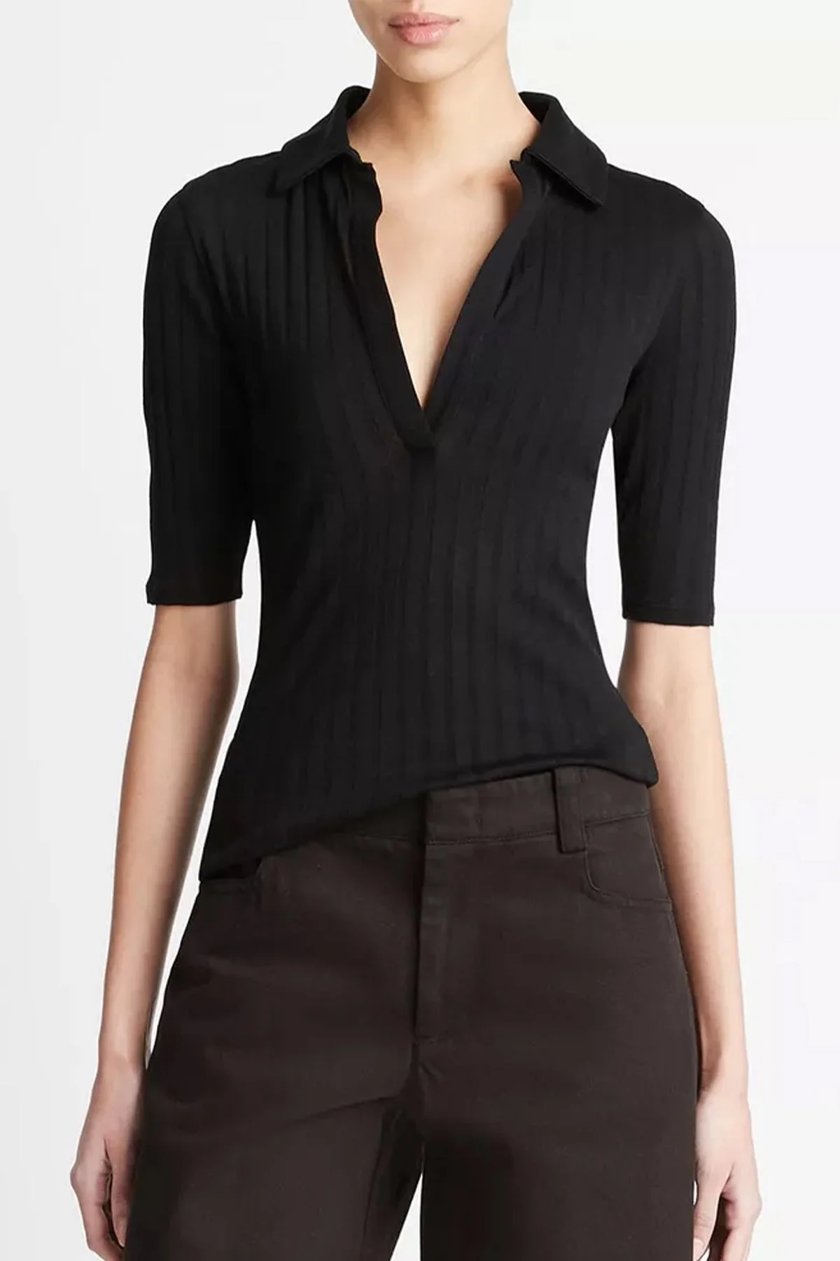 Cotton Elbow-Sleeve Polo Shirt in Black - Image 2