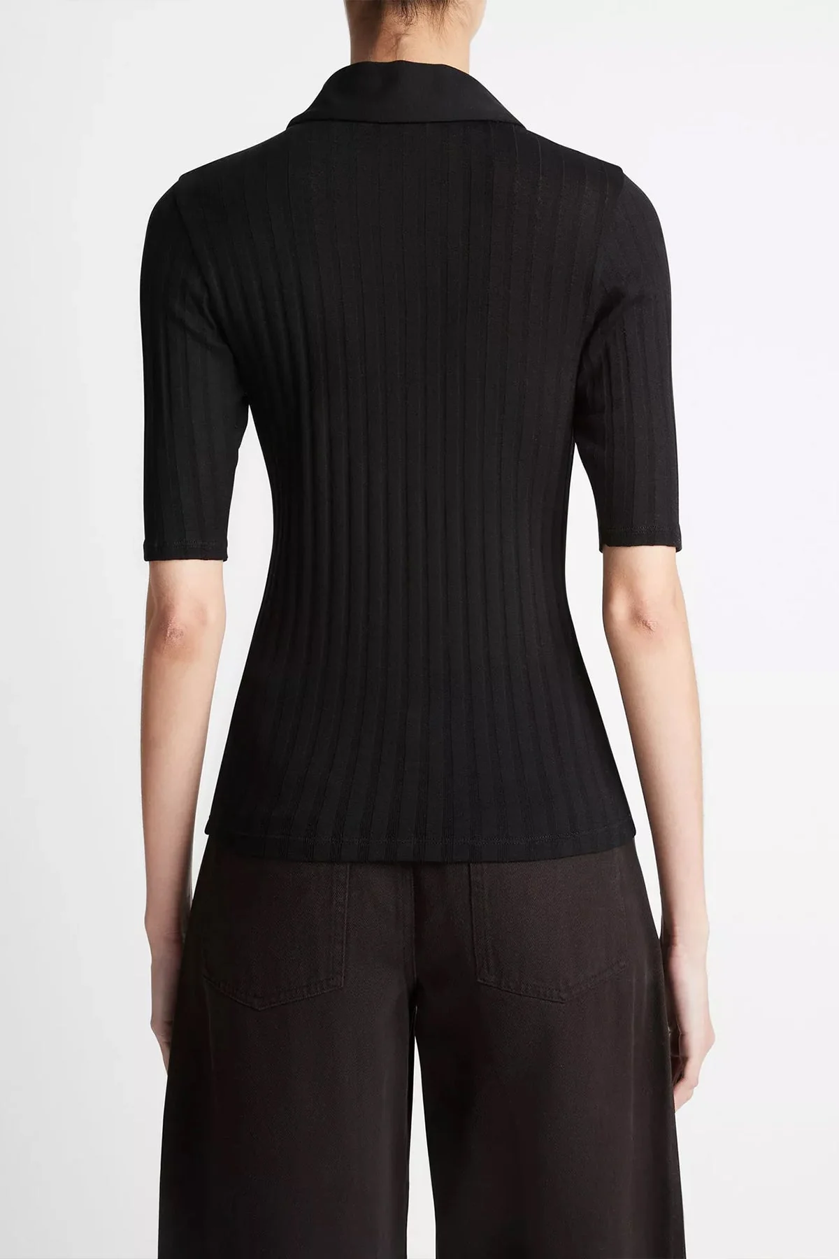Cotton Elbow-Sleeve Polo Shirt in Black - Image 3
