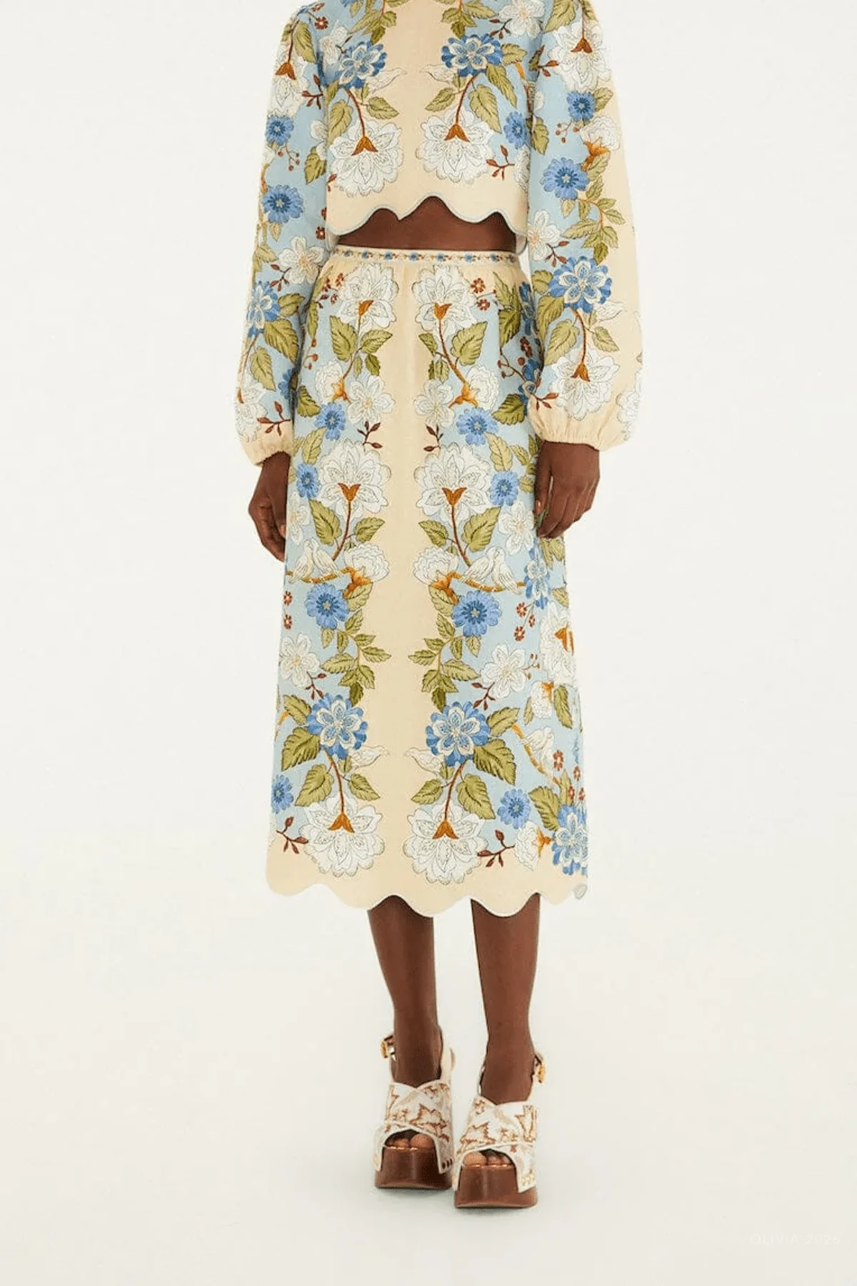 Cream Garden Scarf Linen Midi Skirt - Image 2