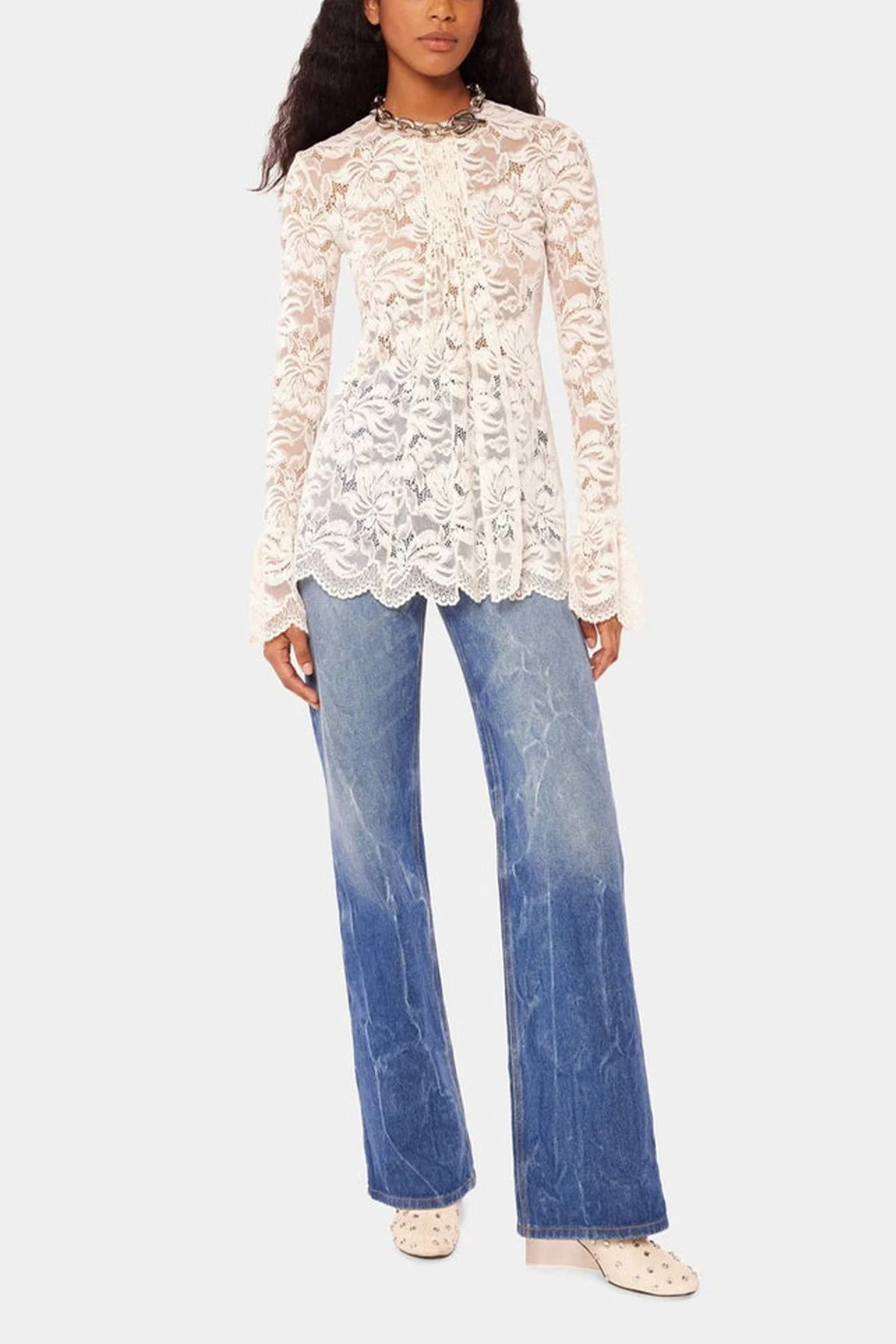 Cream Pleated Lace Top in Ivory - Image 2
