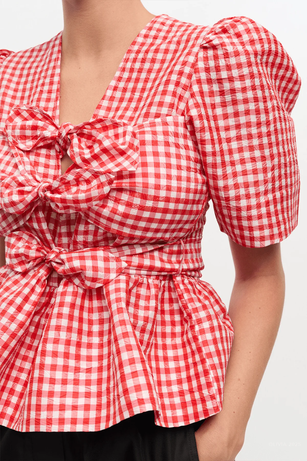 Crinkled Check Taffeta Blouse in Red Alert - Image 4