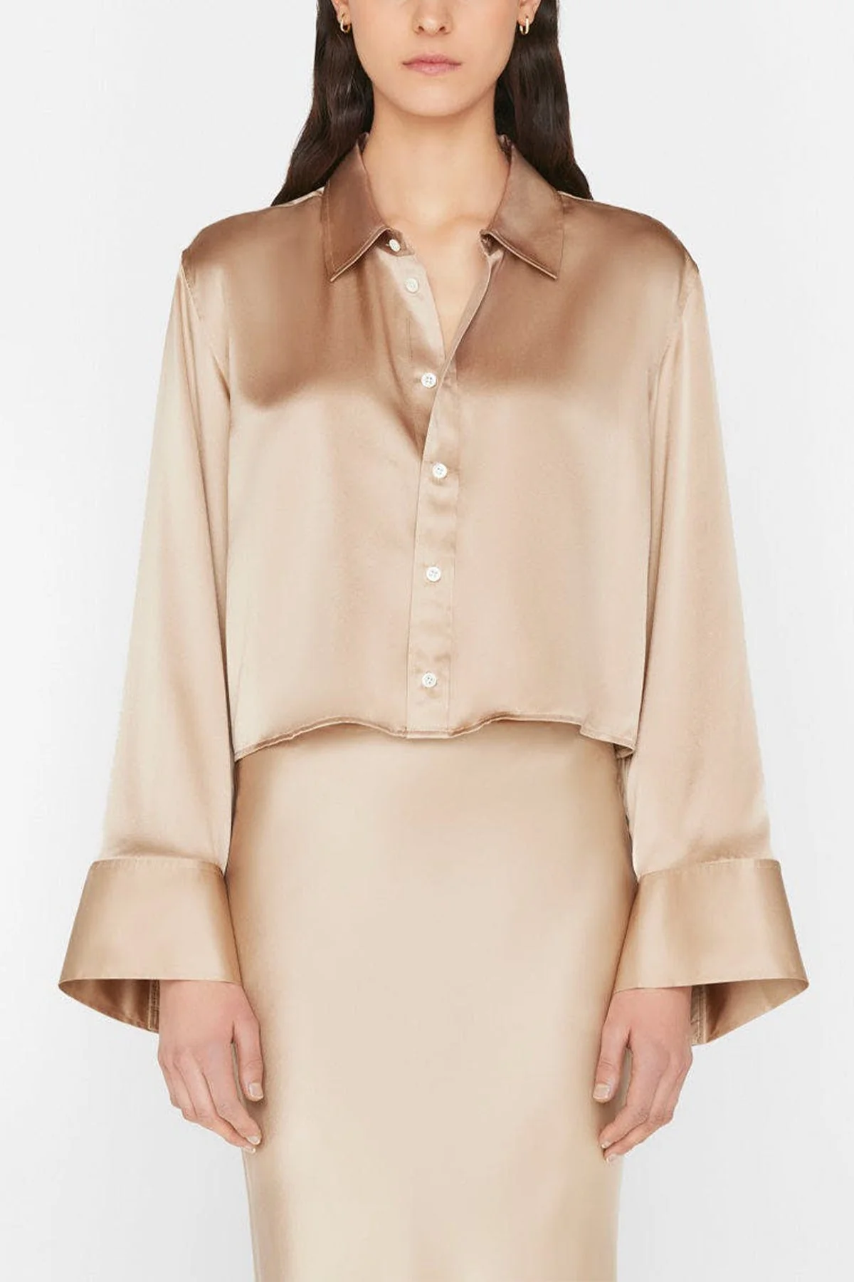 Cropped Wide Sleeve Shirt in Khaki Tan - Image 2