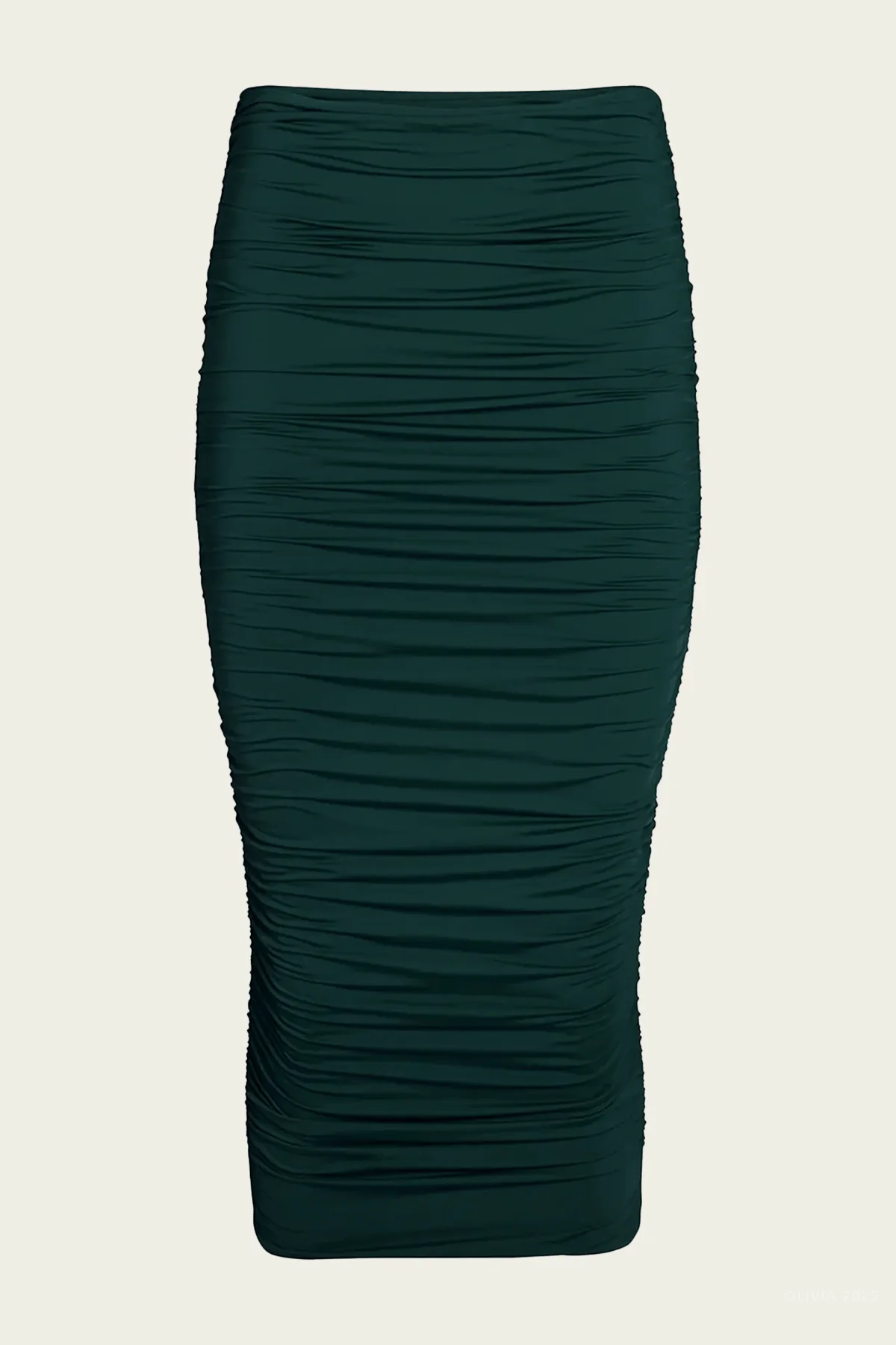 Darcy Mid-Rise Ruched Midi Skirt in Evergreen