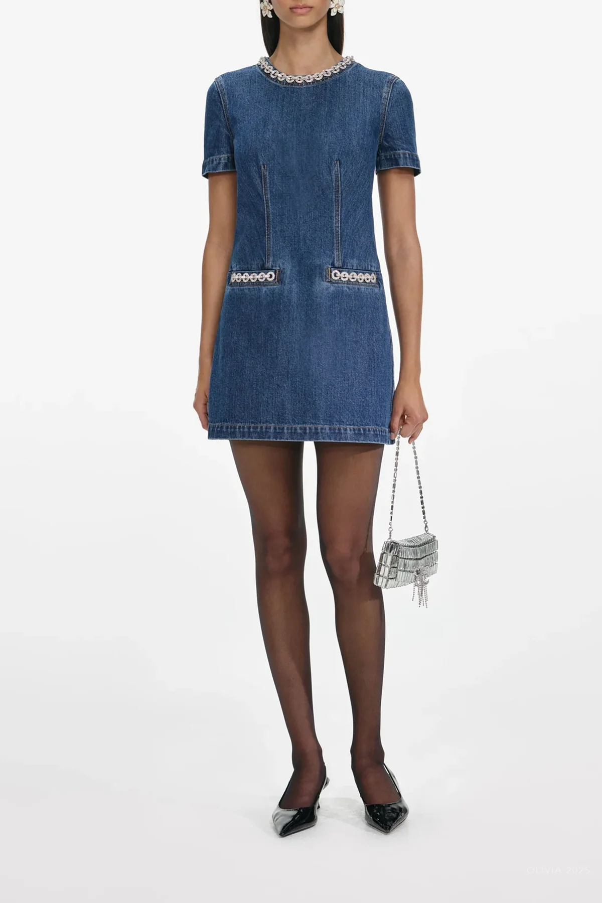Denim Crystal Trim Mini Dress - Image 2