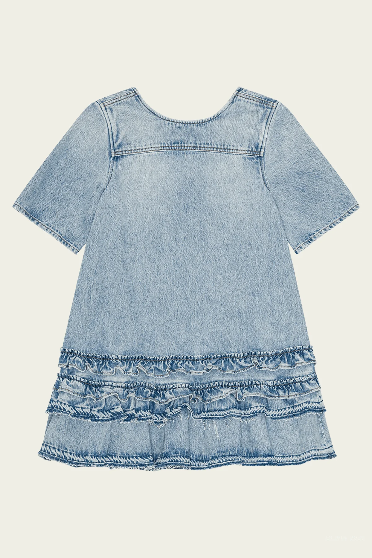 Denim Frill Mini Dress in Light Blue Stone