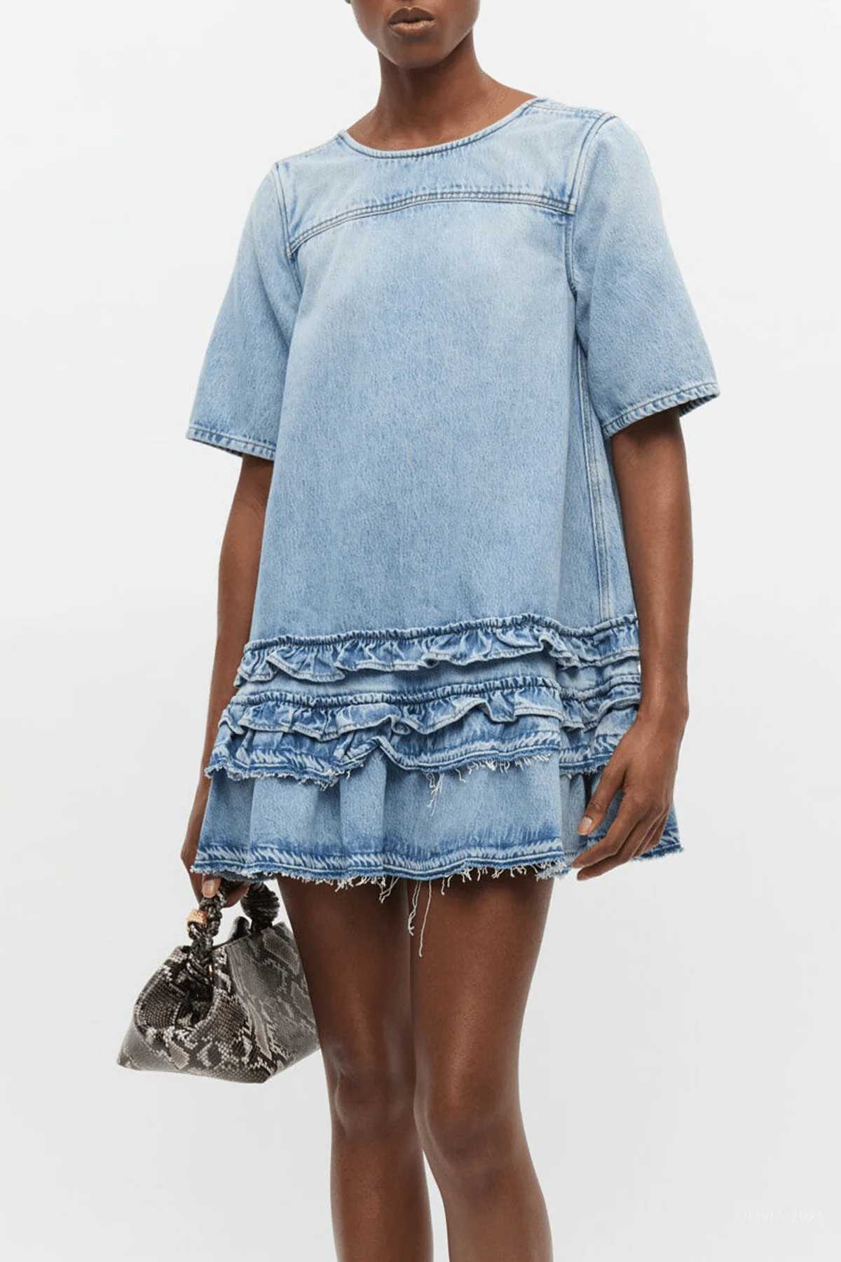 Denim Frill Mini Dress in Light Blue Stone - Image 2
