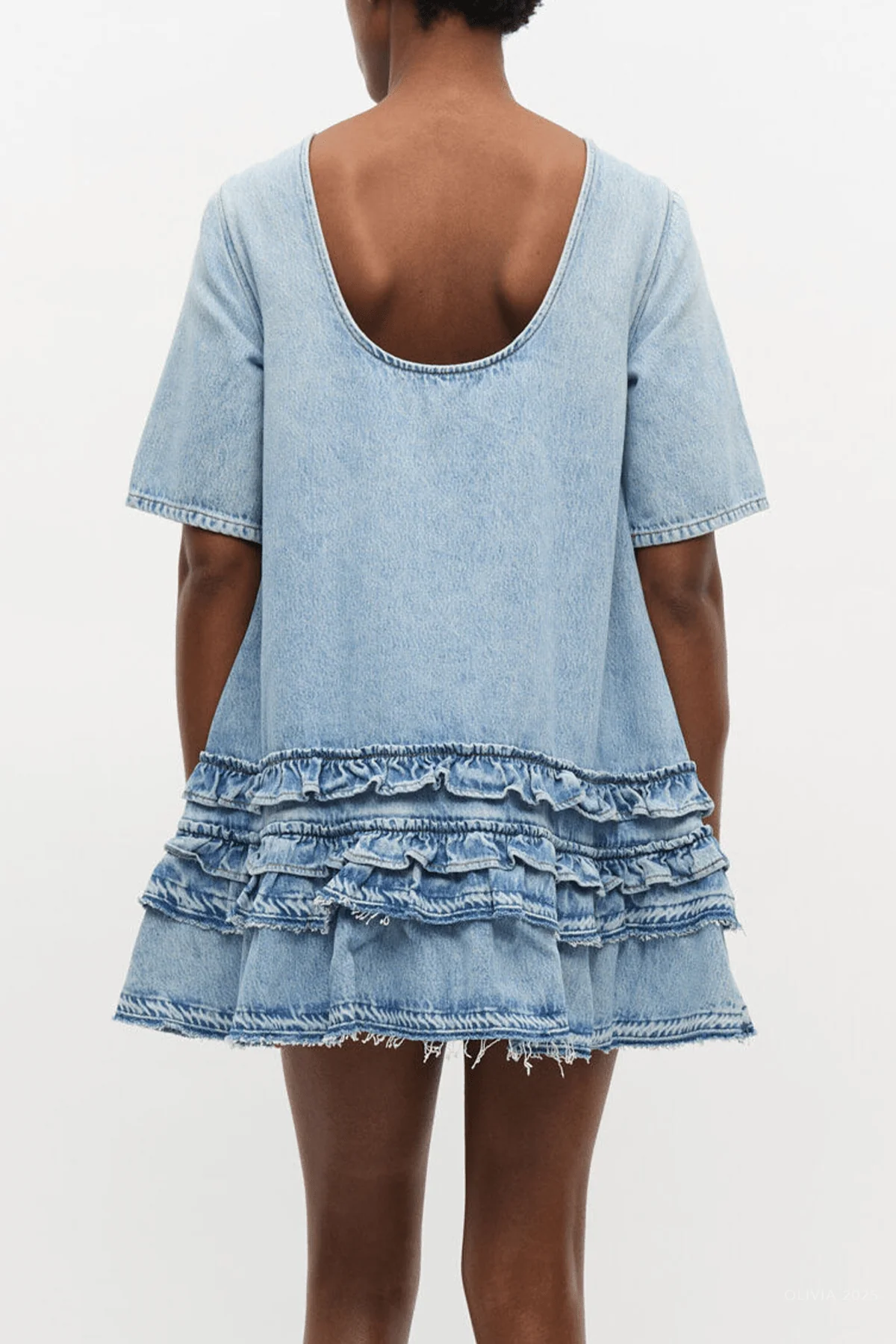 Denim Frill Mini Dress in Light Blue Stone - Image 3