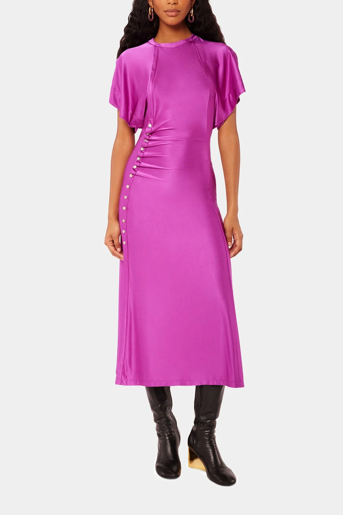 Draped Button Long Dress in Fuschia - Image 2