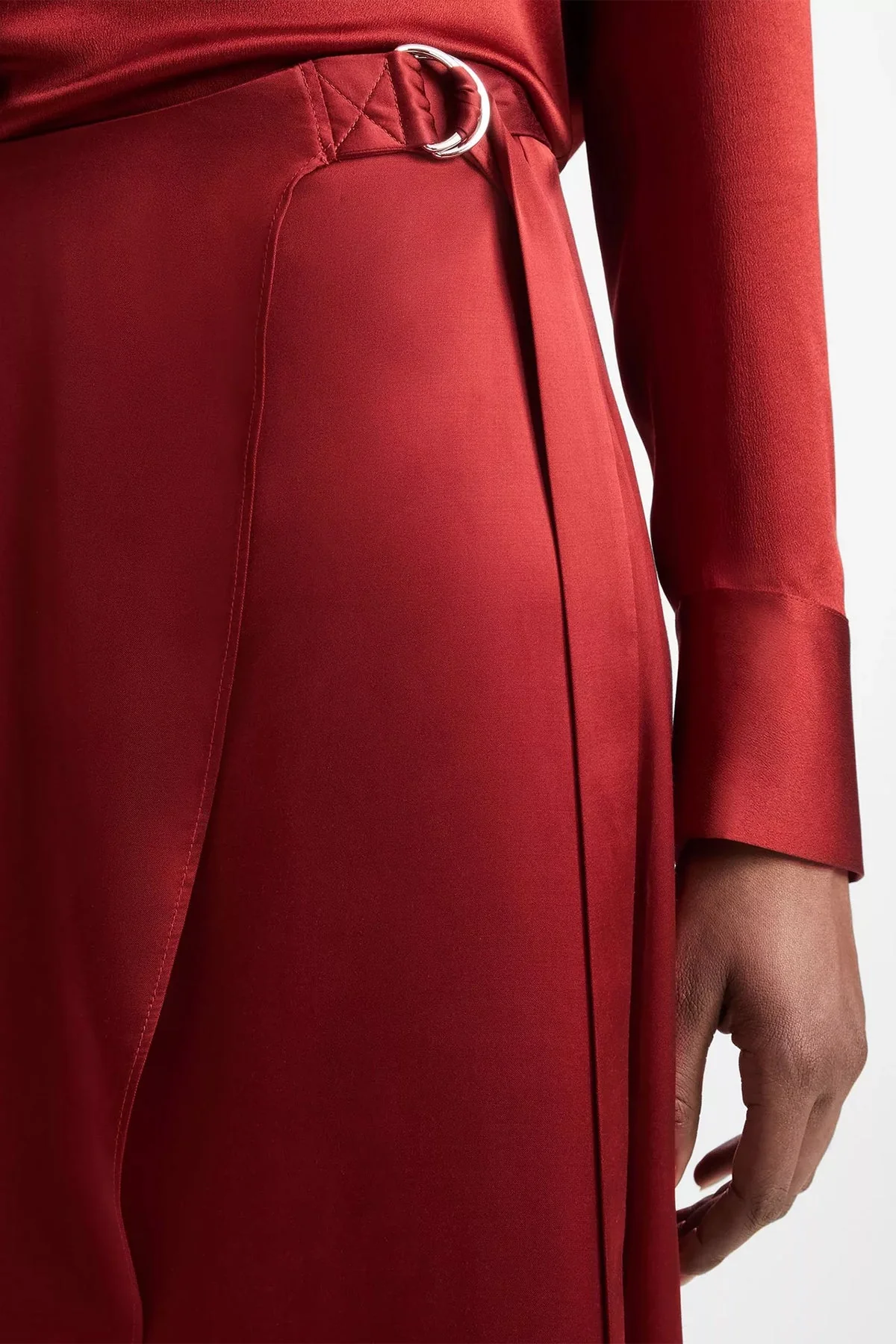 Draped D-Ring Wrap Skirt in Dark Scarlet - Image 3